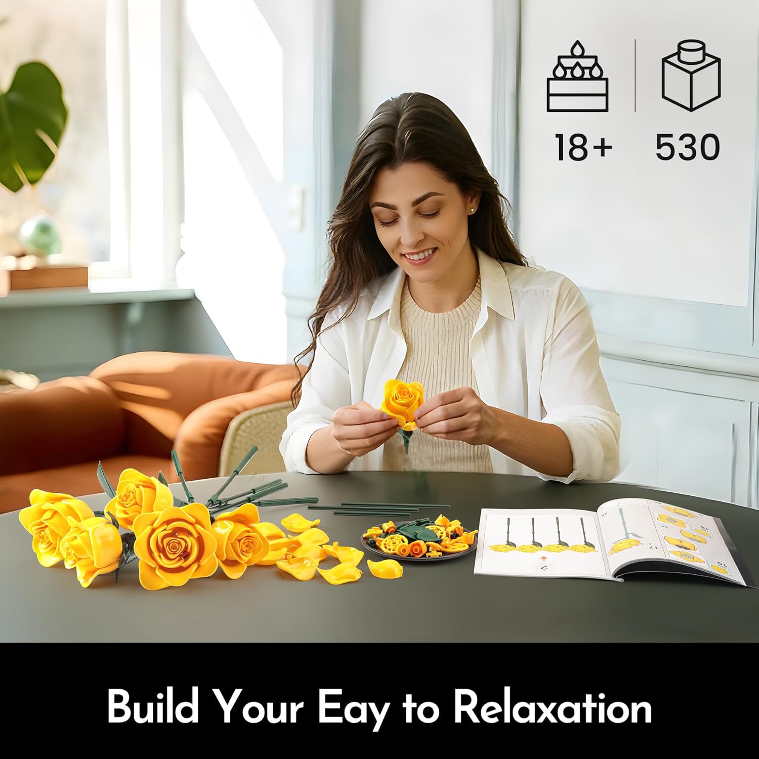Mothers Day Rose Flower Bouquet Building Set for Adults, Gifts for Mom Wife Couple Women Girlfriend - Buildable Artificial Floral Botanical Collection Art Decor for Home or Office (530 Pcs)