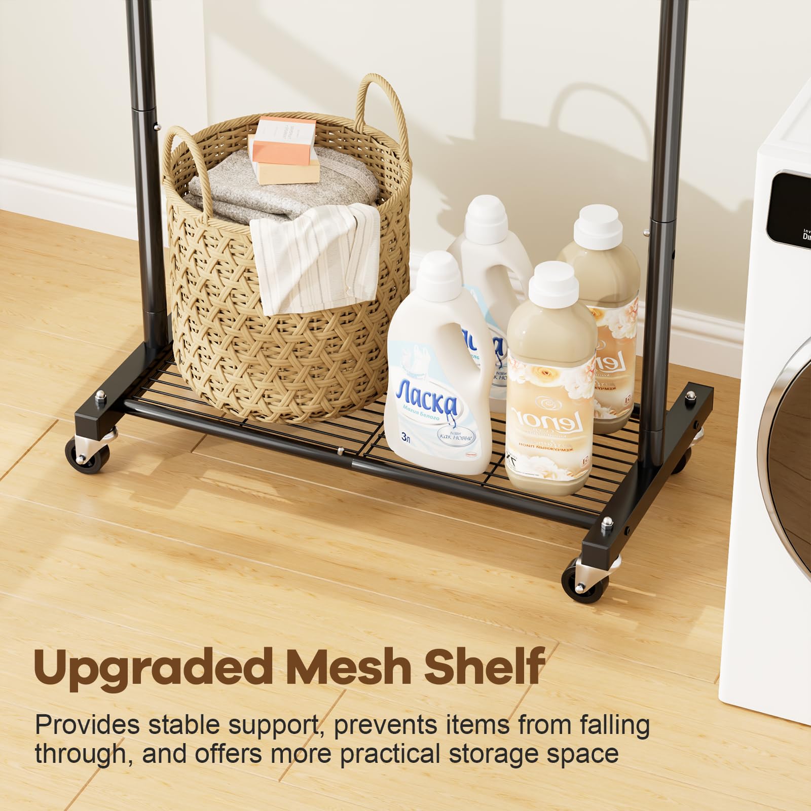 MISSLO Appendiabiti resistente piccolo Clohthig Rail 71,1 x 39,4 x 152,4 cm | 25 mm appendiabiti in metallo con ripiani per riporre oggetti arrotolabile con ruote per camera da letto, lavanderia, nero
