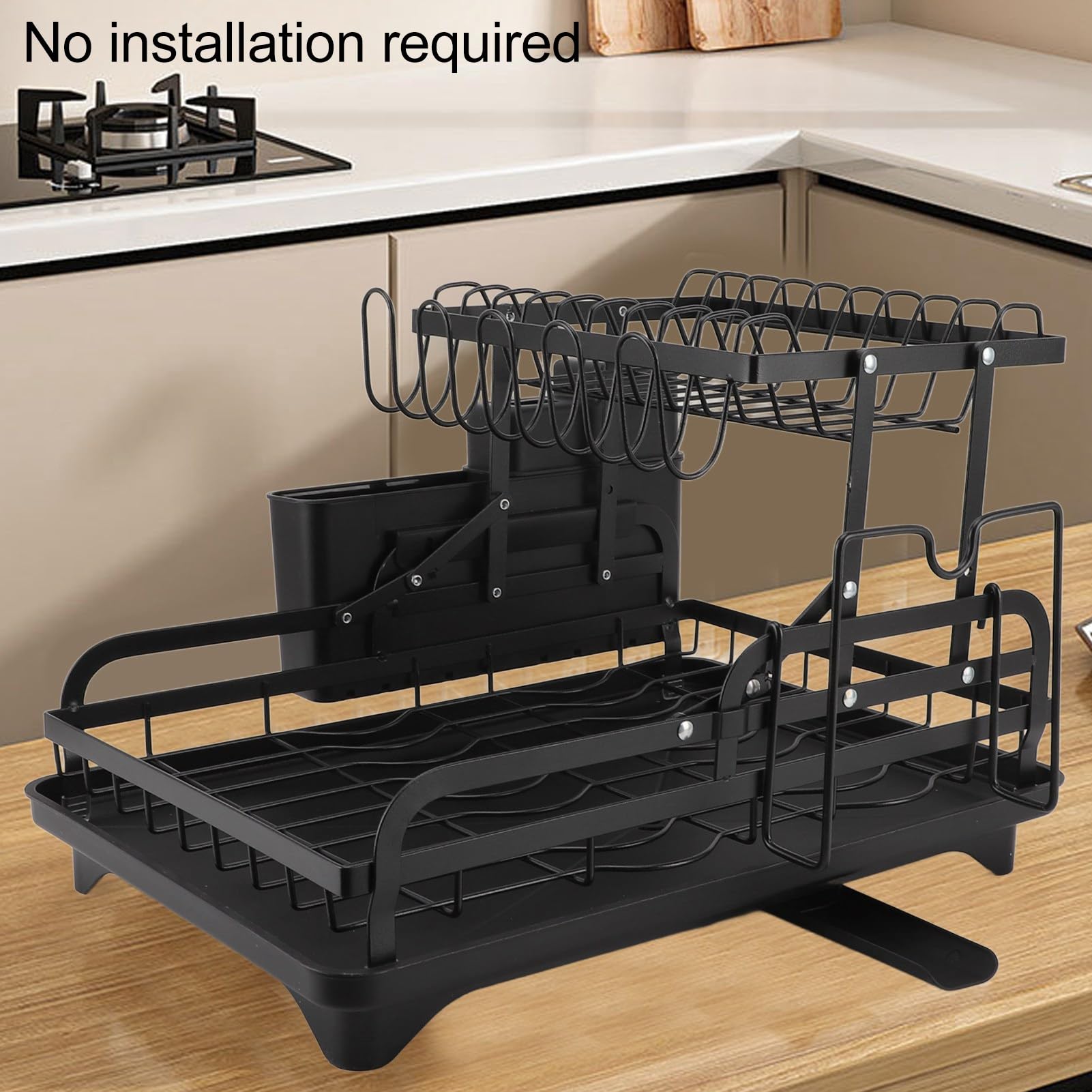 2-stufiger, Zusammenklappbarer Geschirrtrockner mit Abtropffunktion, Multifunktionales Aufbewahrungsregal für Küchenutensilien, Doppellagiges Design (Black)
