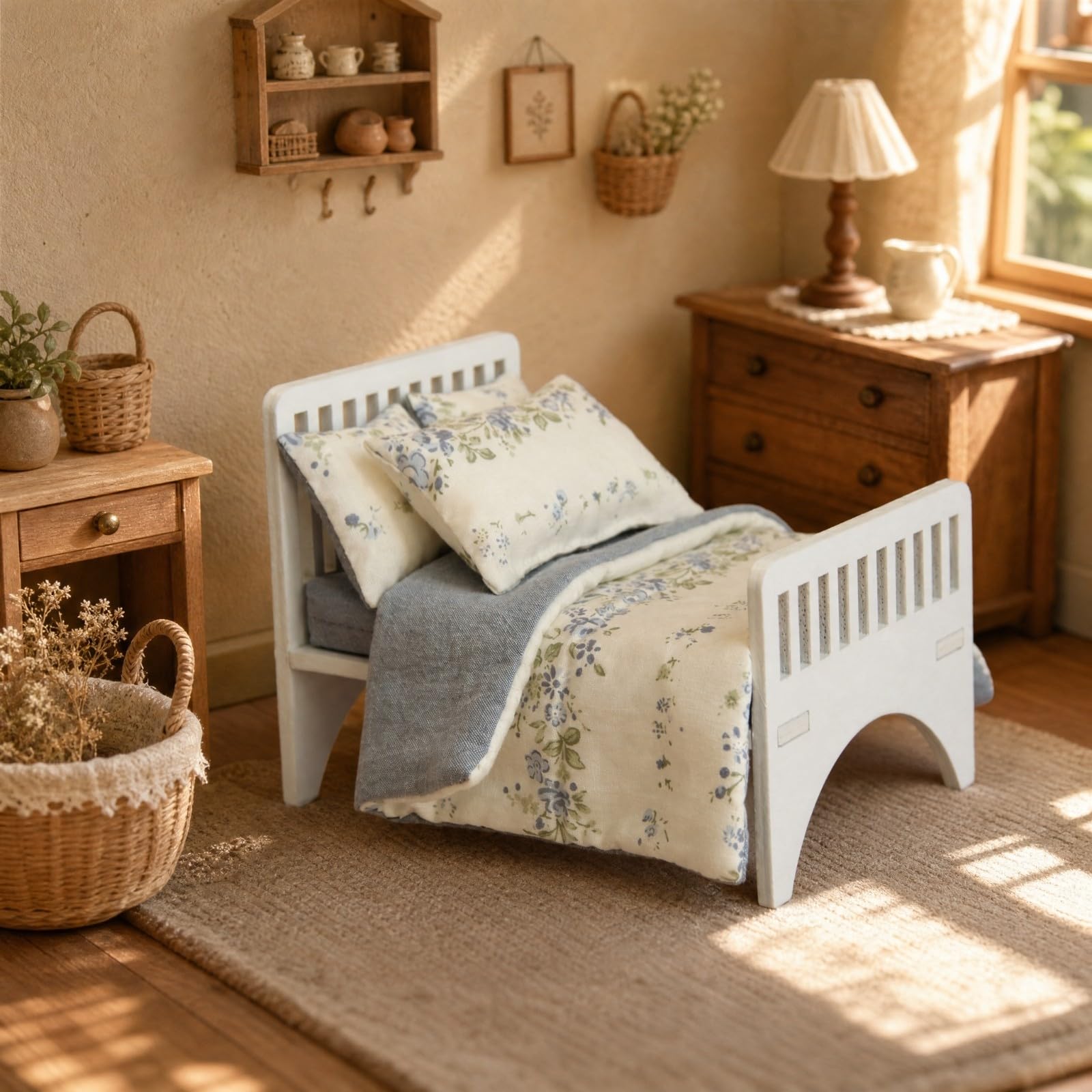 Letto in Legno per Casa Delle Bambole | Elegante, Sicuro, Letto per Bambole con Materassi e Cuscini, Diorama, Bambini, Collezionisti,