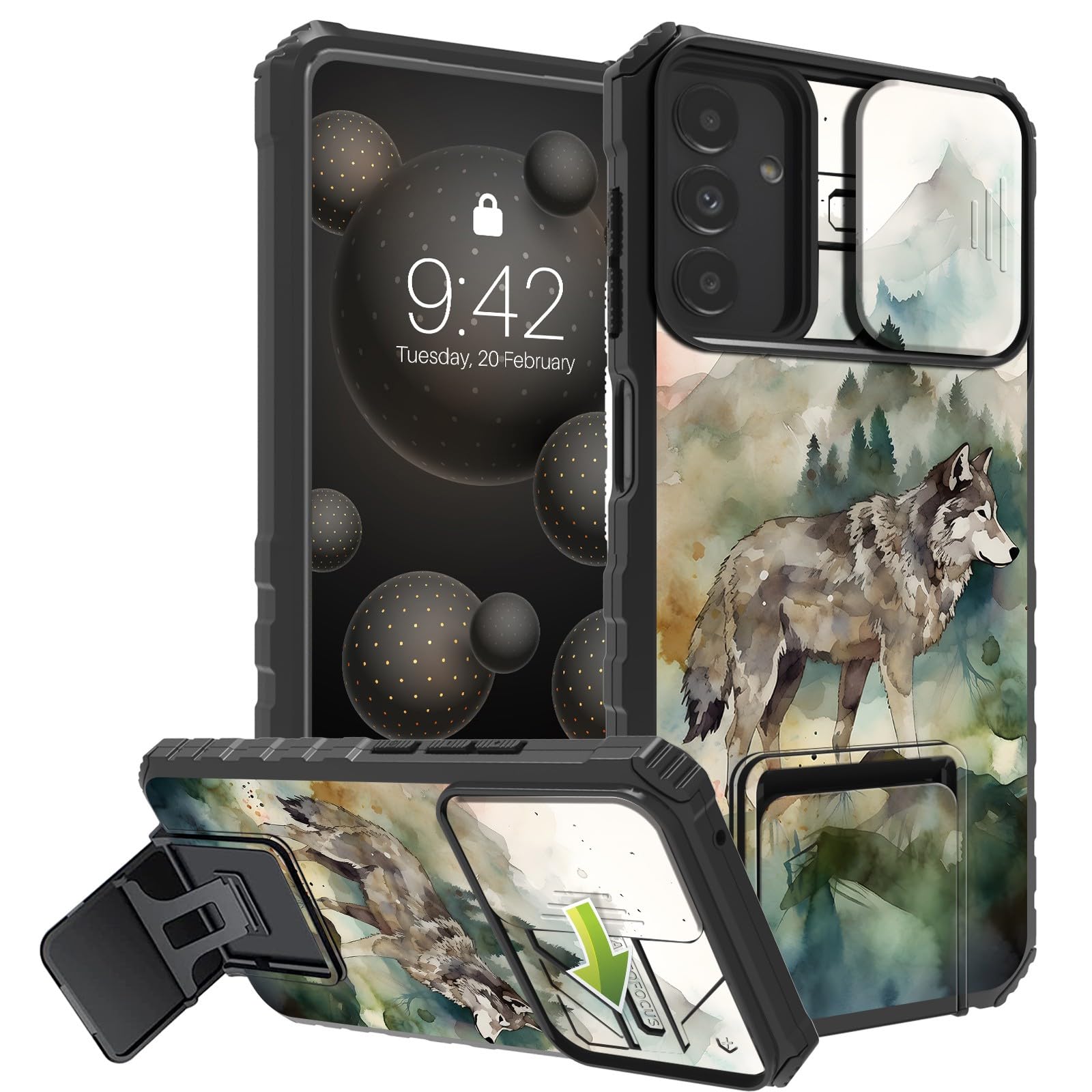 DHYYDSQZ for Samsung Galaxy A14 5G Phone Case with Sliding Camera Cover & Stand Kickstand Dual Layer Hybrid Heavy Duty Shockproof Protective Case for Samsung A14 5G 6.6" 2023, Watercolor Art Wolf