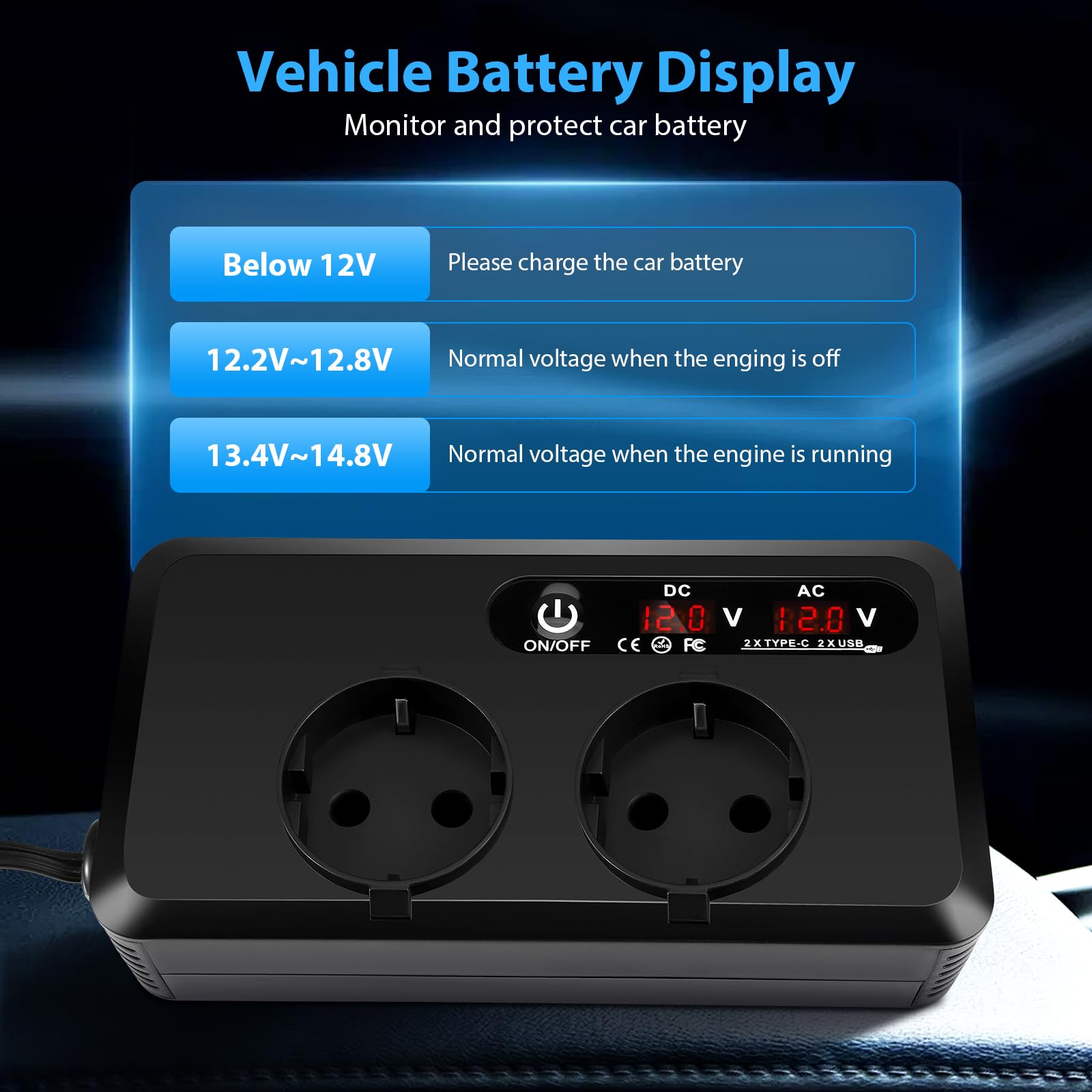 Encendedor de cigarrillos para coche CC a CA, inversor con doble pantalla LED, 200 W, convertidor de voltaje de 12 V a 230 V, con 2 enchufes y 2 USB-C 2 USB-A, cargador de coche con enchufe para