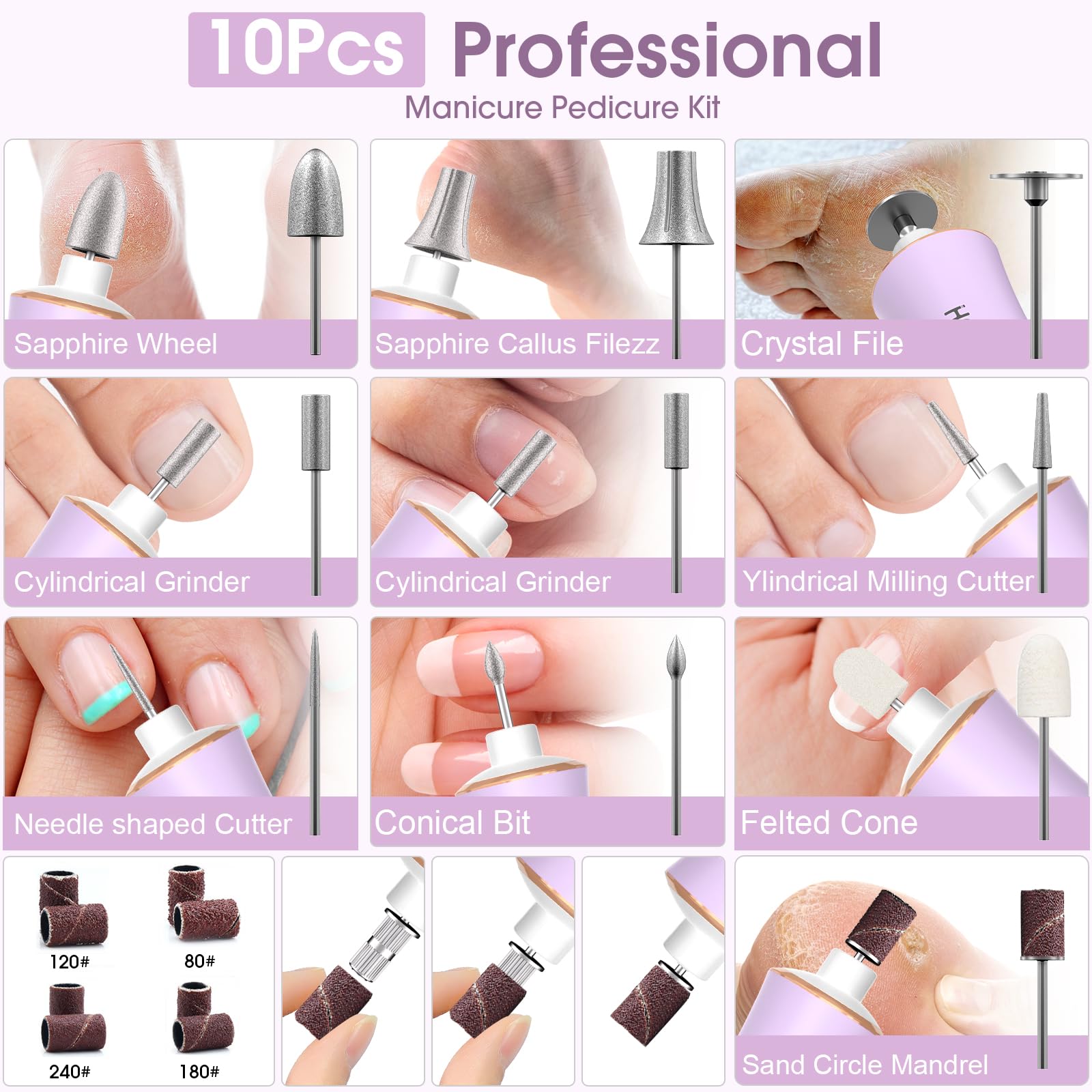 Kit professionale per manicure e pedicure con luce LED a 360°, 10 velocità e modalità memoria, trapano elettrico senza fili, strumenti per pedicure per piedi, lima per unghie per unghie spesse e