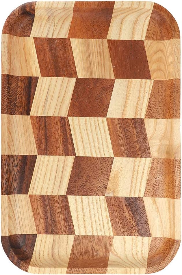 Oumefar Wooden Sushi Plate Rectangle Checkered Stitching Pattern Wood Tray Breakfast Tray Fruit Dish Bread Snack Serving Tray for Home Restaurant Cafe Bakery(30x20cm)