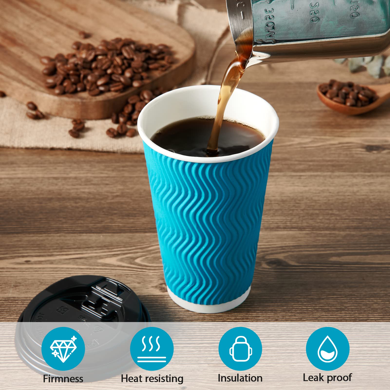 Paquete de 80 tazas de café corrugado aisladas desechables de 16 onzas con tapa y pajita, tazas de café caliente para el hogar, tienda y cafetería.