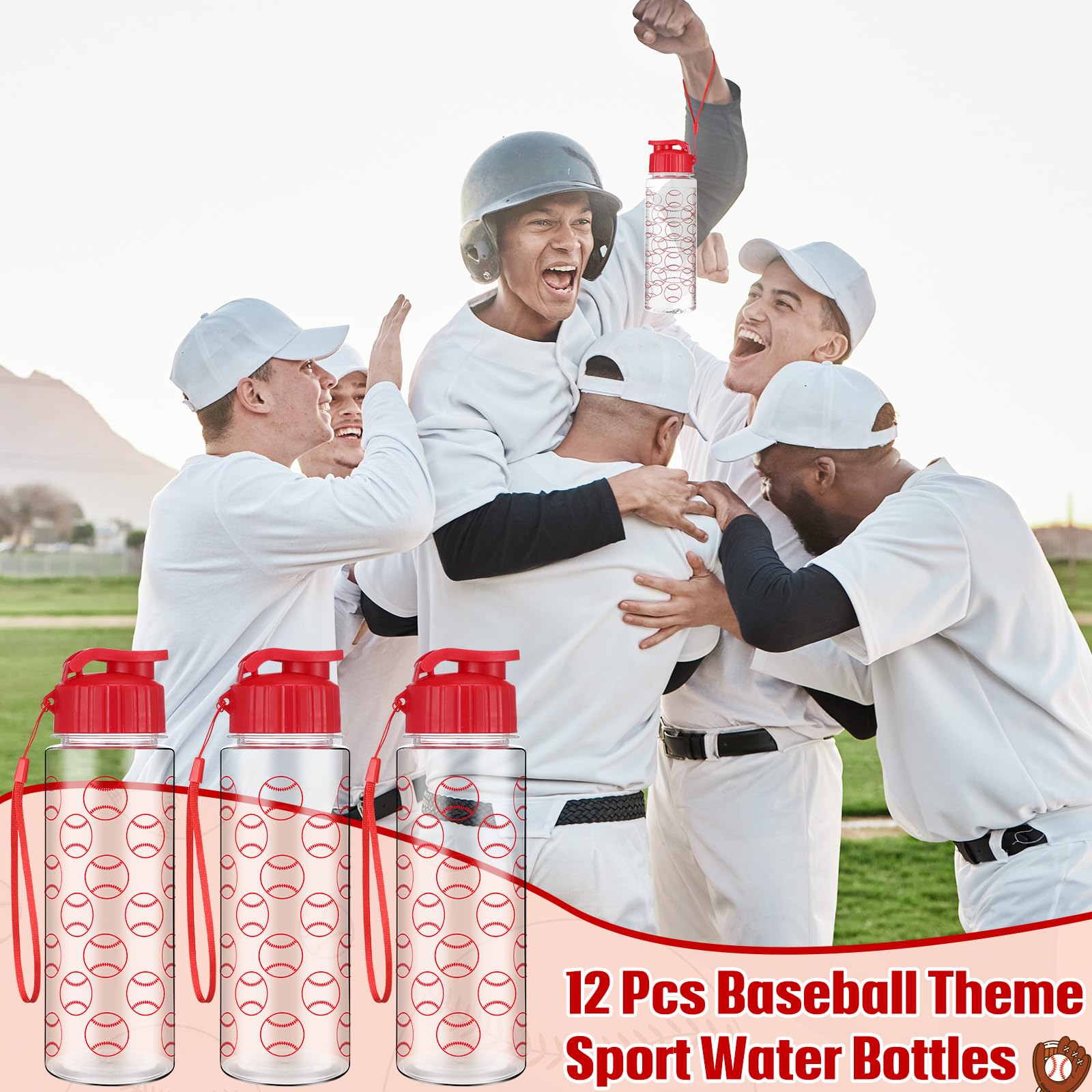 Funnymoom 12 botellas de agua de béisbol de 17 onzas, botella deportiva de béisbol con tapa abatible a prueba de fugas, botellas de agua de plástico reutilizables para equipo de béisbol, accesorios de