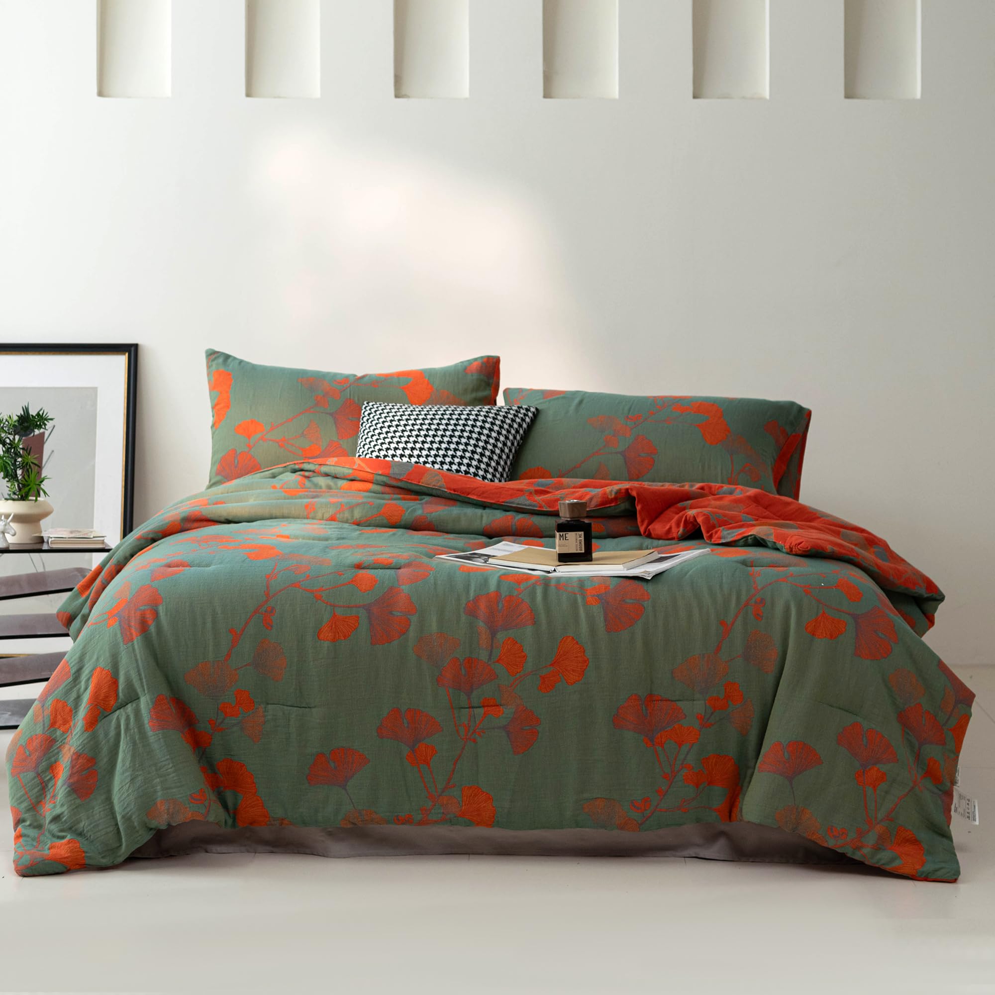 Purefair 100% Cotton Muslin Jacquard Comforter Set, Floral Ginkgo Leaves Print, Soft Lightweight Reversible 3 Piece Bedding Sets for All Season, Green