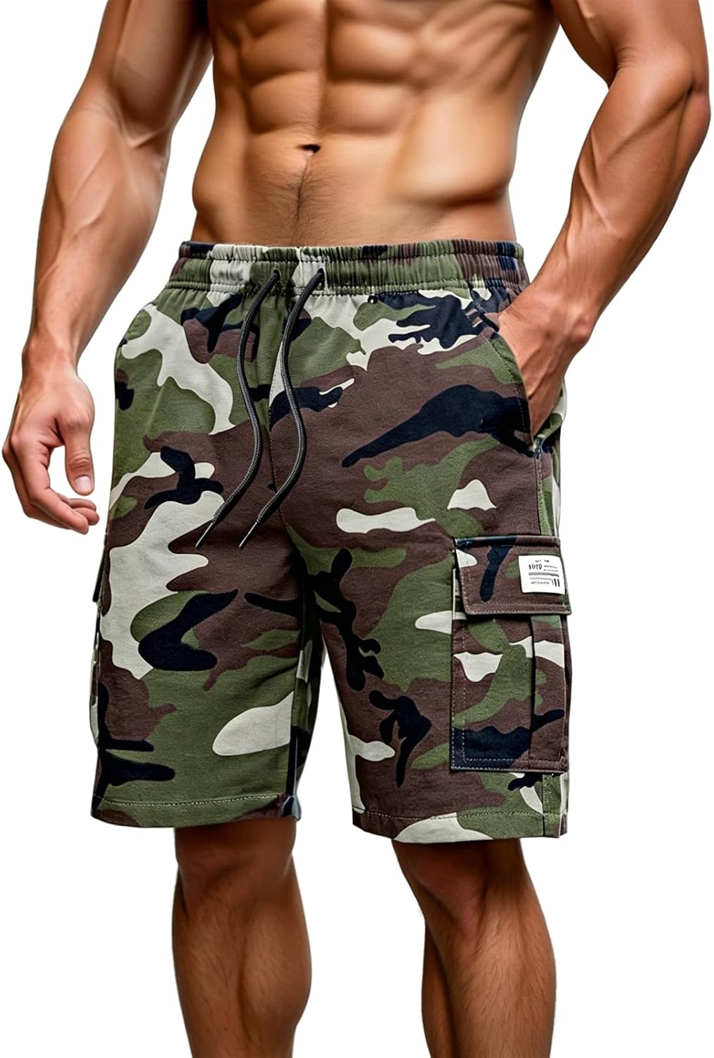 Men's Camouflage Cargo Shorts Summer Elastic Waist Drawstring Shorts with Label Detail for Outdoor Activities