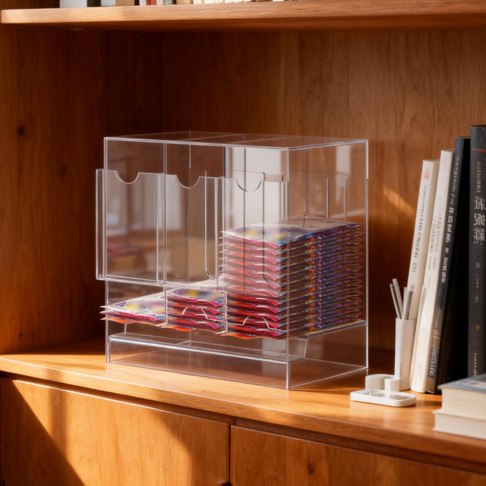 Distributeur de Cartes avec 3 Compartiments, Distributeur de Rangement de Cartes en Acrylique, Organise les de Visite, de Membre, Boîte Distributrice de Rangement de avec Base Transparente