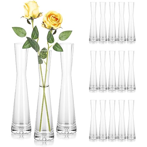 Hewory Glass Bud Vases for Centerpieces Set of 18, Handmade Modern Clear Small Skinny Decorative Single Flower Vase, Minimalist Slim Floral Vase for Home Wedding Party Events Table Decor, 9.64"