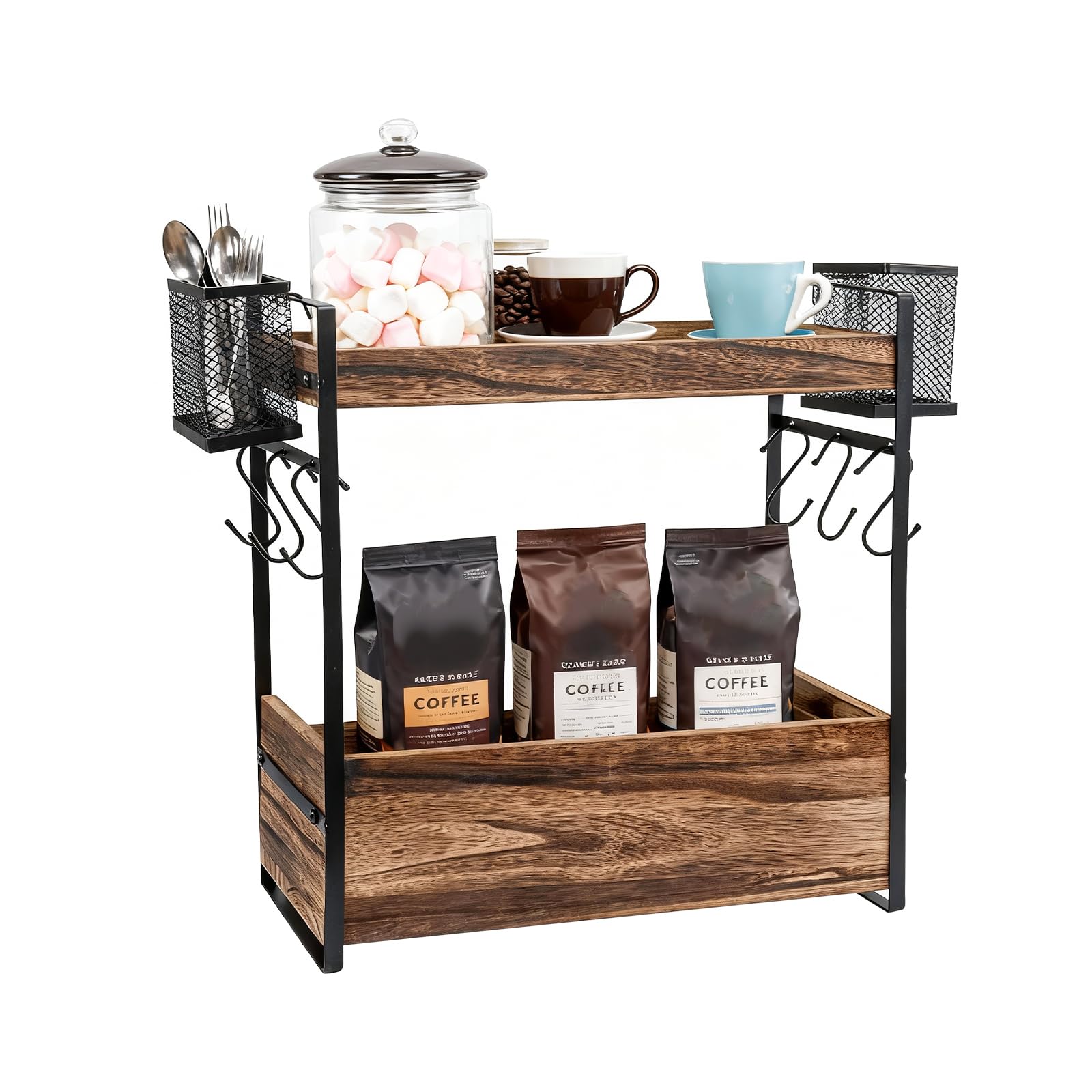 3 Tier Coffee Bar Organizer Countertop Station Rack for Kitchen with 12 Mug Hooks – Multi-Functional Cup Mug Holder Coffee Bar Kitchen Storage Shelf Space-Saving Home & Office Display Rack (3 Tier)