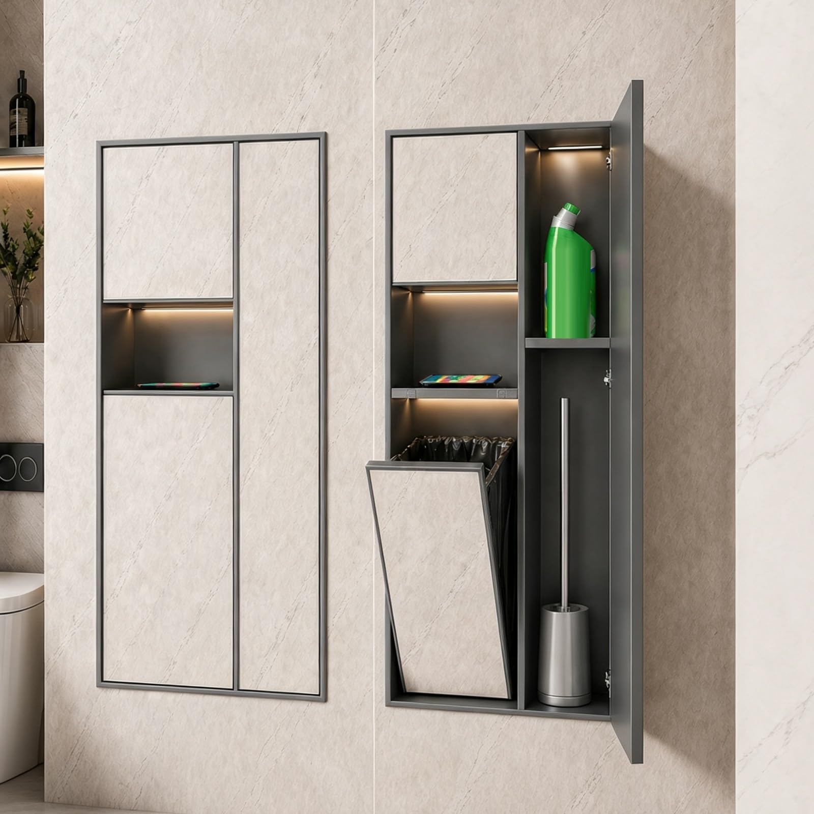 Porte-papier toilette mural moderne en acier 304 avec poubelle intégrée et brosse WC pour salle de bain Slish