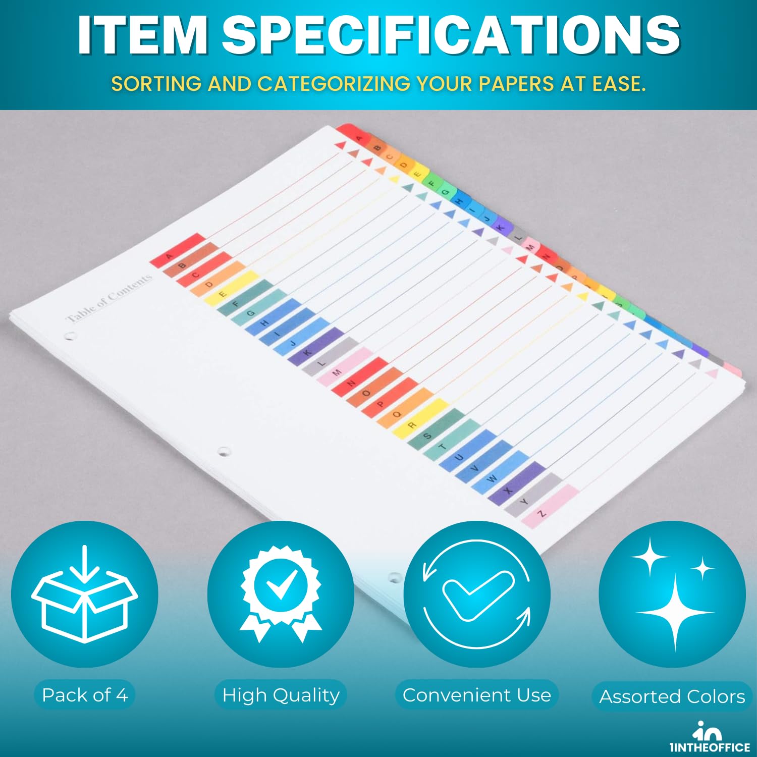 1InTheOffice Divisores alfabéticos para carpetas de 3 anillos, separadores de carpetas de pestañas A-Z, tabla de contenido personalizable, pestañas multicolor, 4 juegos