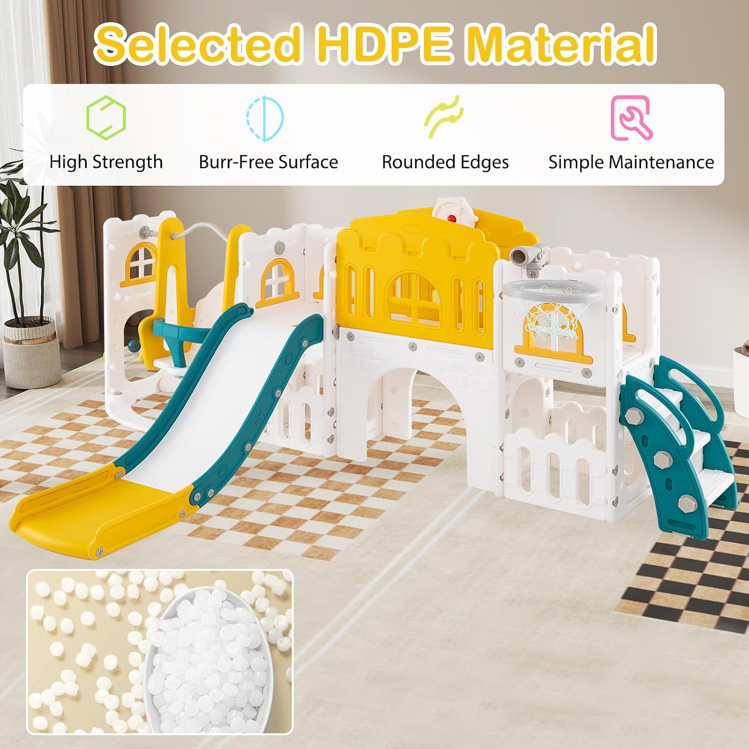 Image highlighting the selected HDPE material with icons for high strength, burr-free surface, rounded edges, and simple maintenance.