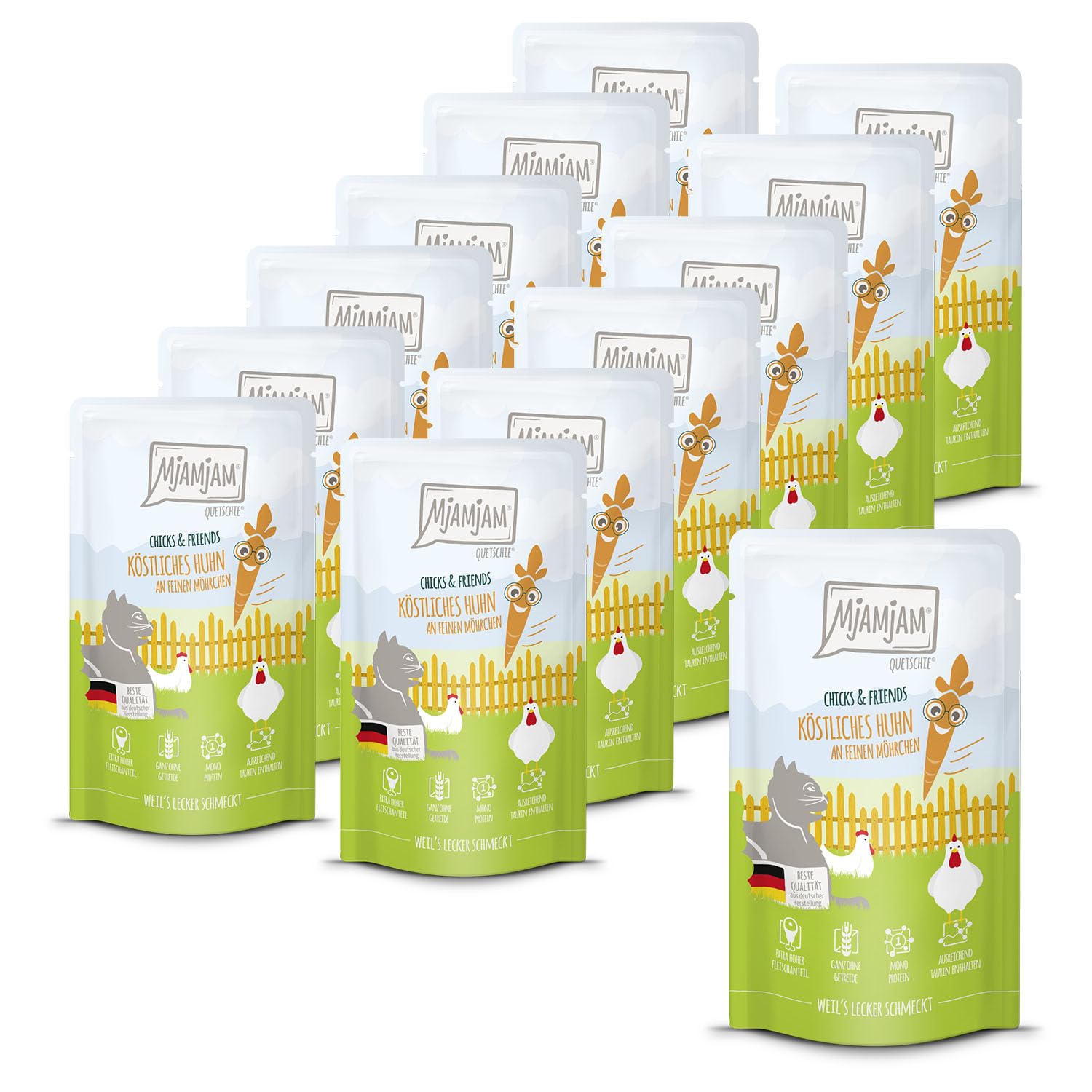 MjAMjAM - Premium wet food for cats - Quetschie - Chicks & Friends delicious chicken with fine carrots, 12 pack (12 x 125g), grain-free