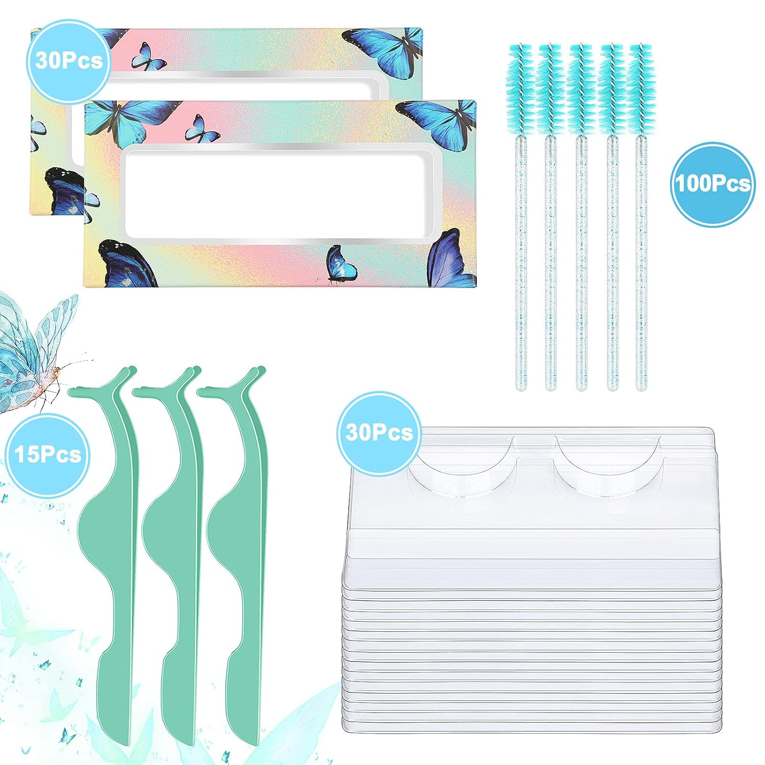 175 Pieces Lash Packaging Wholesale, Include 30 Empty Eyelashes Packaging Box, 30 False Lash Trays, 15 Eyelash Tweezers and 100 Eyelash Brush Mascara Wands Disposable (Green)