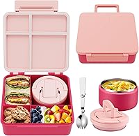 Vista 10 de MAXSO Set de Lonchera Bento para Niños con Termo de Sopa de 8 oz, Contenedor de Comida Caliente a Prueba de Fugas con 4 Compartimentos, Frasco