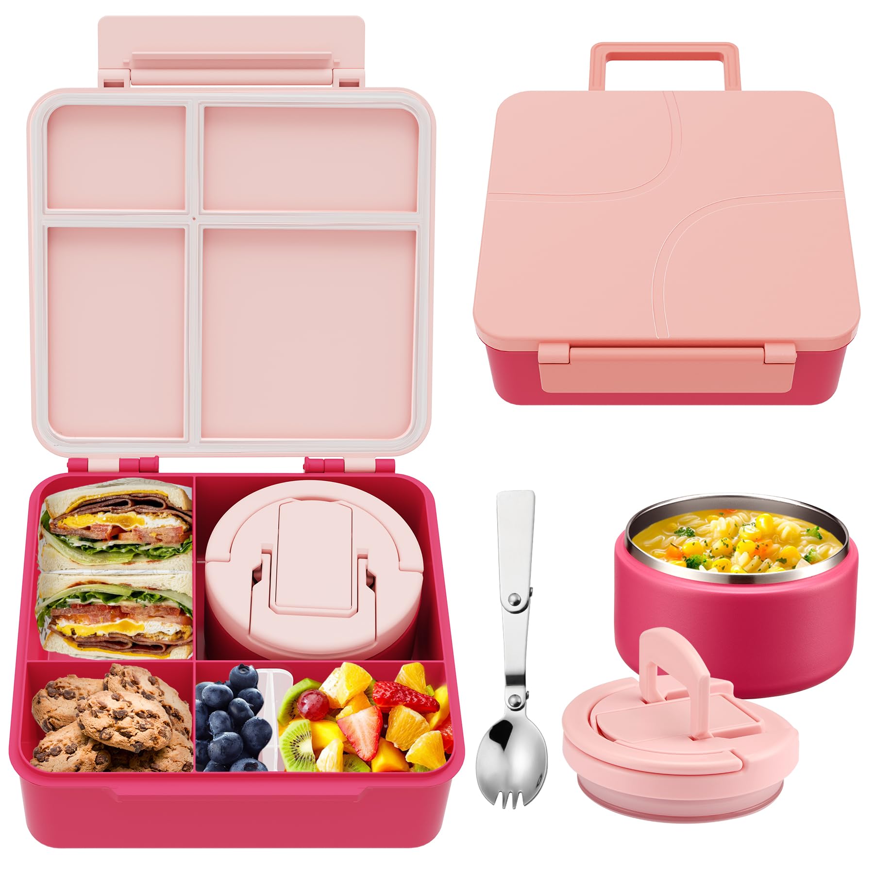 MAXSO Bento Lunch Box Set for Kids with 8 oz Soup Thermo, Leakproof Hot Food Container with 4 Compartments, Insulated Food Jar for Toddler Daycare Boys Girls School - Pink