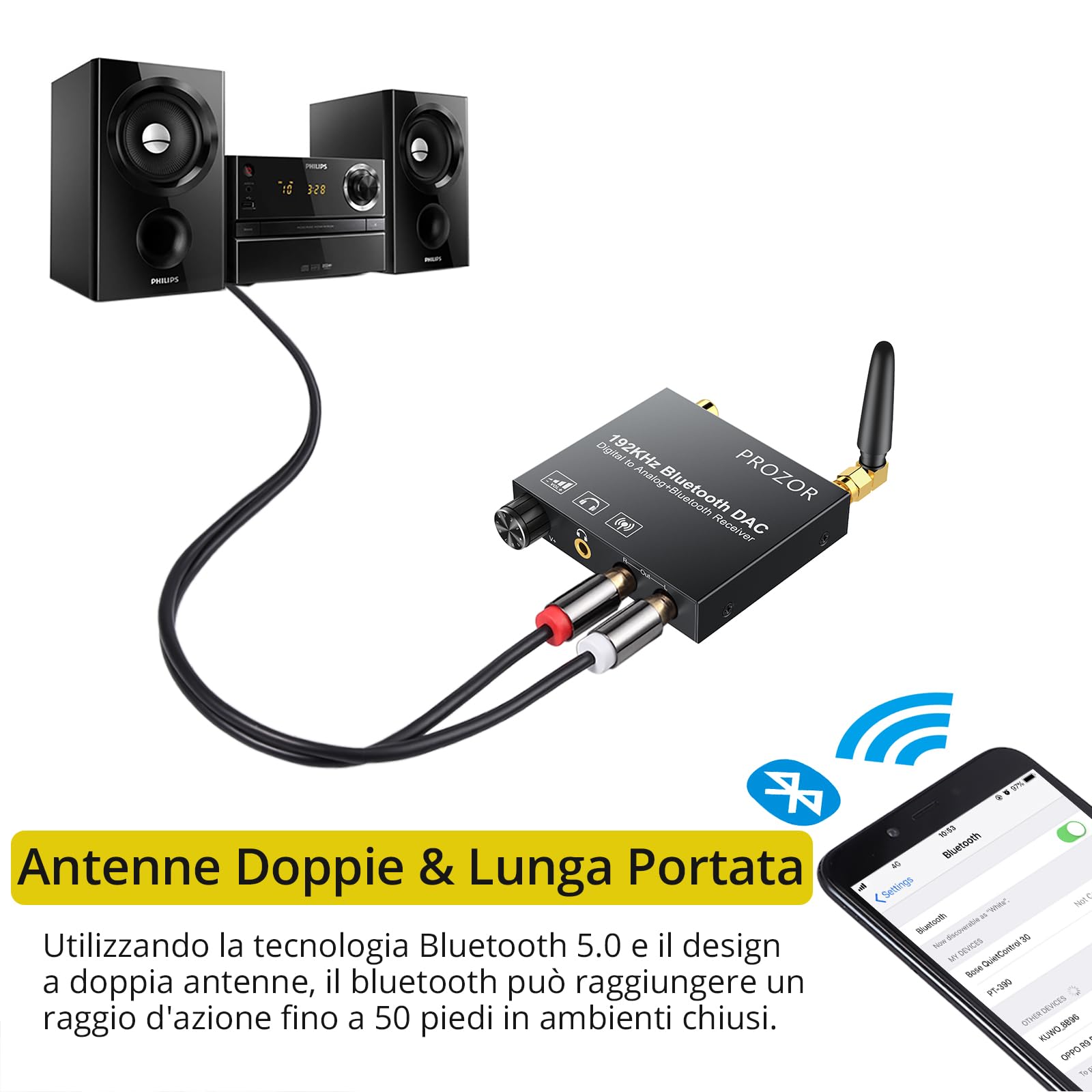 PROZOR Convertitore DAC 192kHz Bluetooth 5.0 Volume Regolabile Adattatore Audio Digitale Coaxial Toslink Analogico Stereo L/R RCA 3.5mm