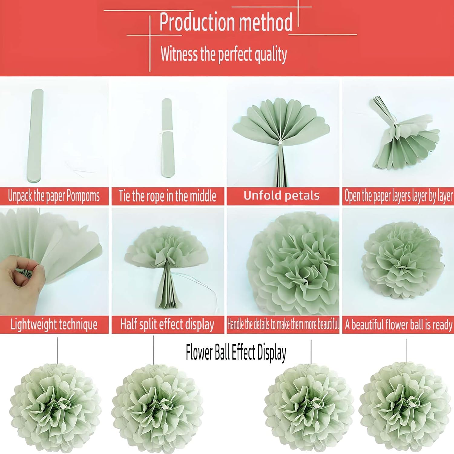 Sage Green Tissue Paper Pom Poms Flowers Balls 12 Pcs are Perfect for Party Celebrations or Any Green-Themed Event Decoration