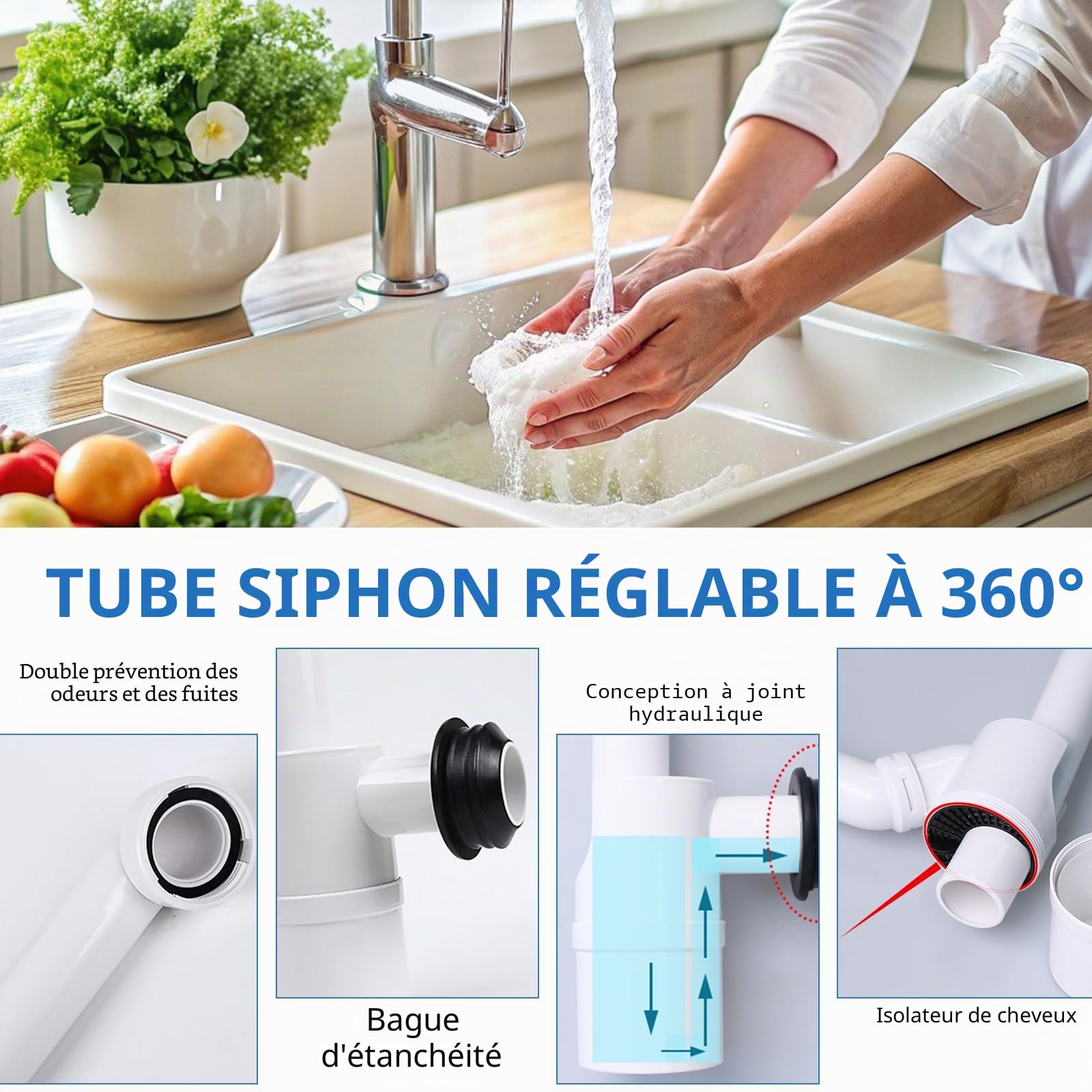 Siphon lavabo extra plat 32 mm, siphon gain de place orientable 360° avec clapet anti-odeur, kit bonde et tuyau d'évacuation pour salle de bains, muezzin réglable