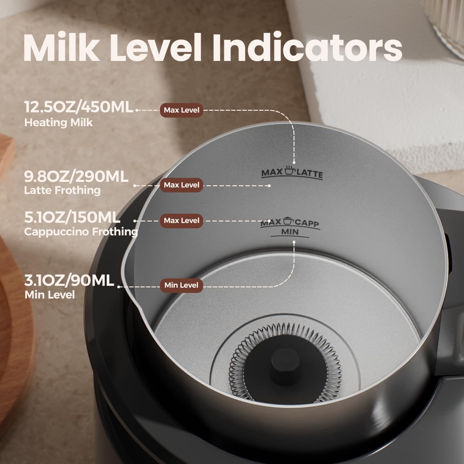 Espumador de leche, vaporizador eléctrico, máquina automática de espuma de capuchino caliente y frío 4 en 1, calentador de leche de 12.5 onzas para latte, macchiato, acero inoxidable