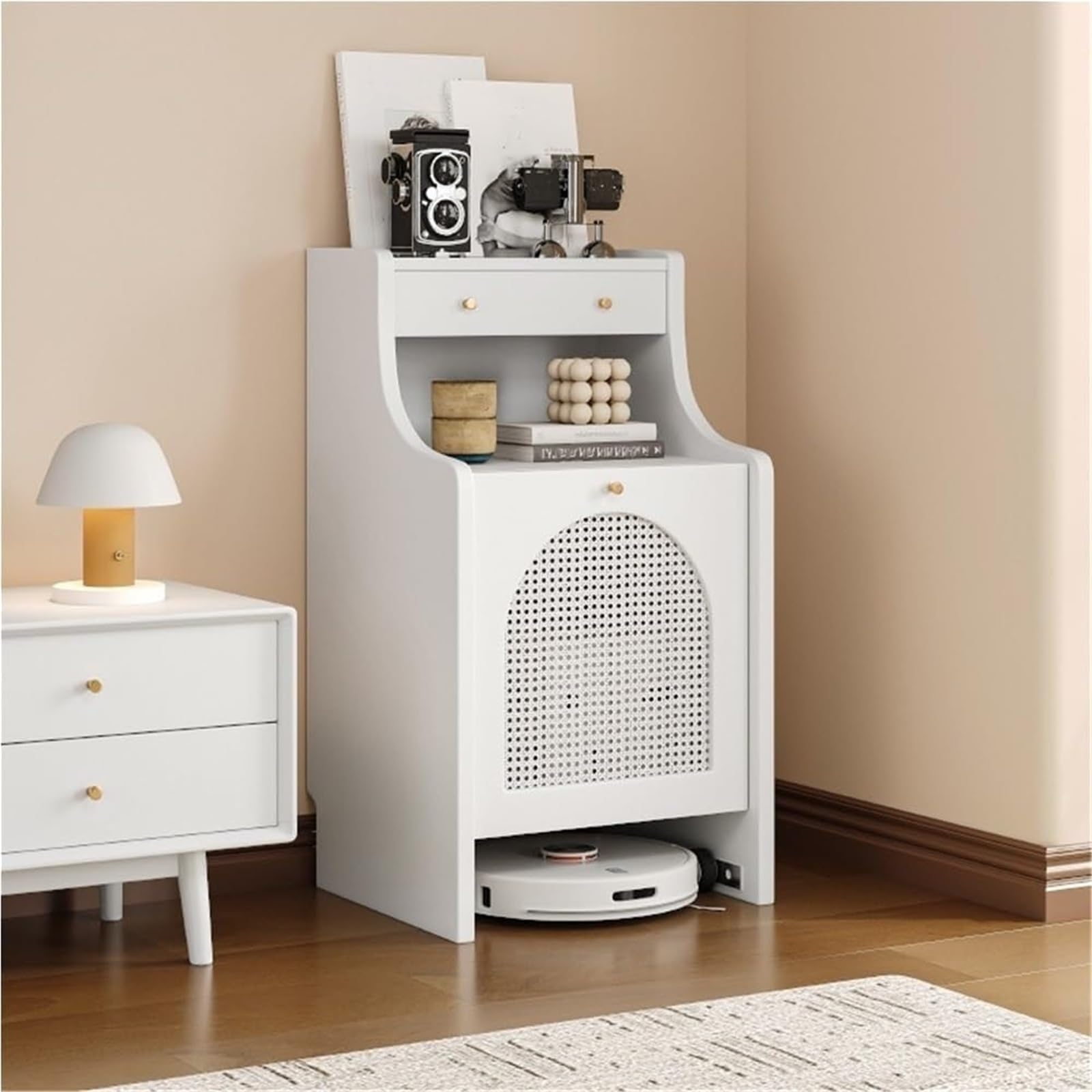 MESCXTY Home Furnishing Sofa Side Table Sweeper Robot Vacuum Hidden Storage Cabinet Over The Shelf for Entryway Living Room(White,45cm/17.7in)