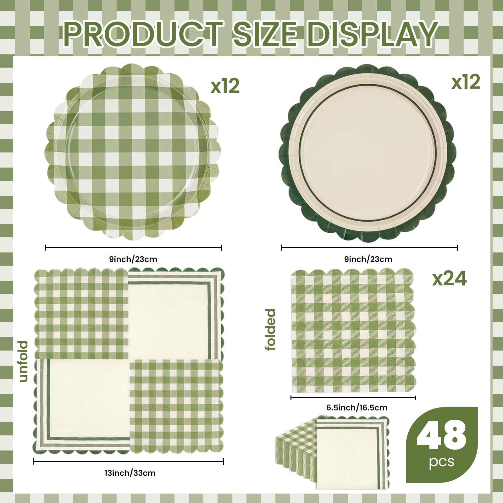 48 pezzi Salvia Gingham con bordo ondulato, piatti di carta e tovaglioli per compleanno, piatti di carta usa e getta con motivo a scacchi, piatti di carta decorativi Gingham, piatti di carta