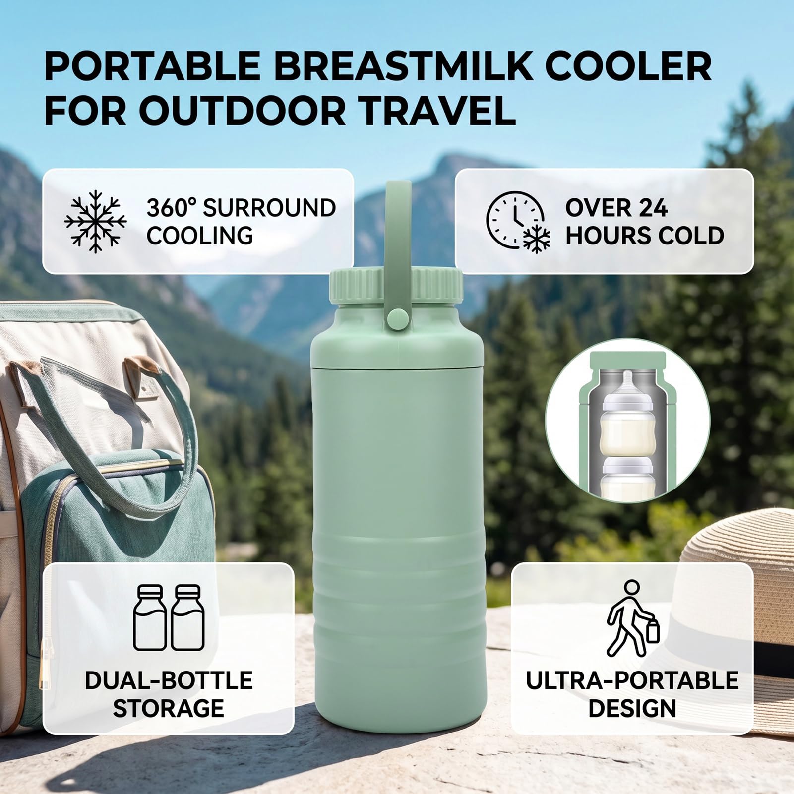 SIXRUN Juego de Biberones de Acero Inoxidable con Enfriador de Leche Materna con Tubo de Enfriamiento de 360 ​​Grados, Biberón Exterior de 1,5 L, 2 Biberones Interiores de 300 Ml para Viajes Al Aire