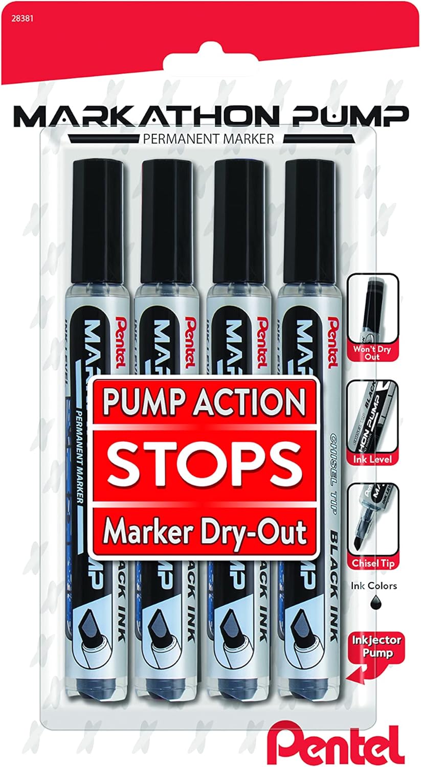 Pentel Markathon Pump Permanent Marker, Chisel Tip, Black Ink, 12 Pack (NLF60X-A)