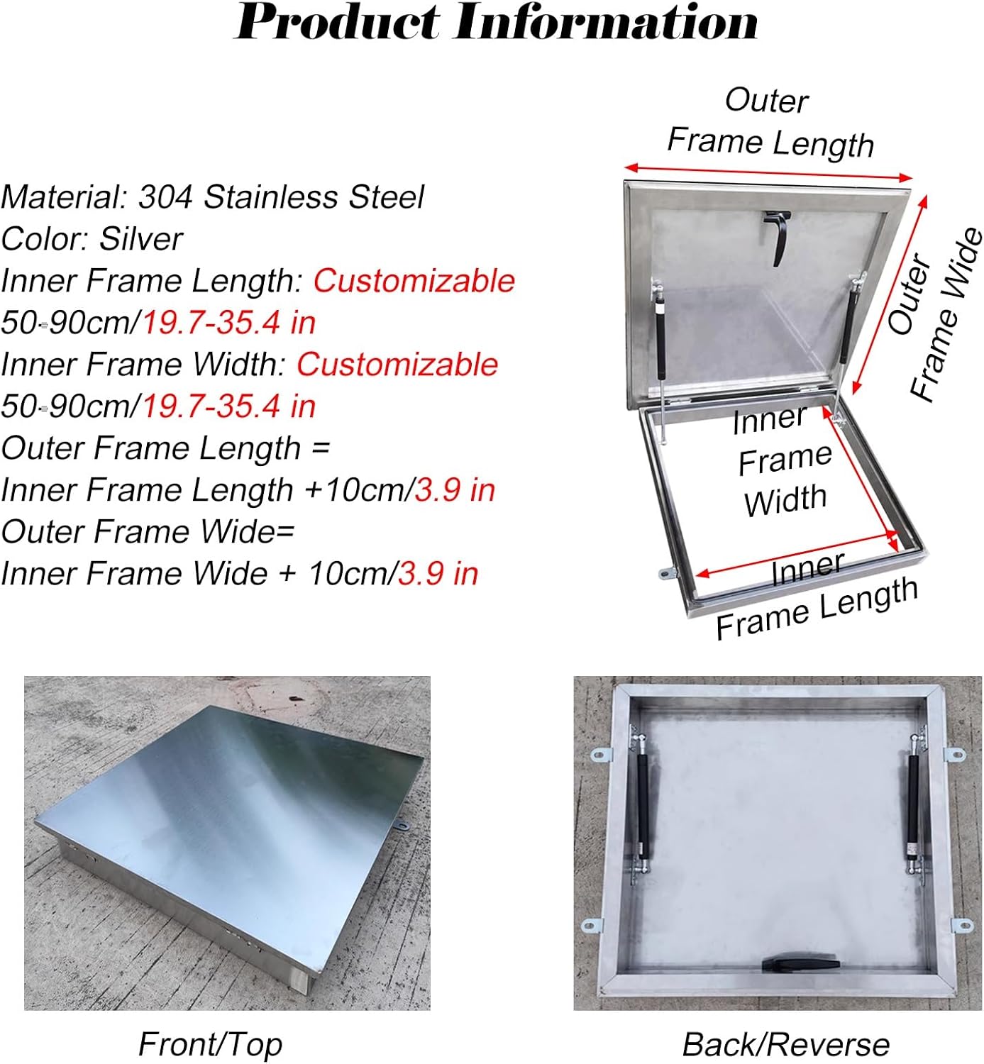 20.9" 24.8" 28.7" 32.7" 36.6" Square Outlet Covers Ceiling Access Lid Easy Install 304 Stainless Steel with Handle