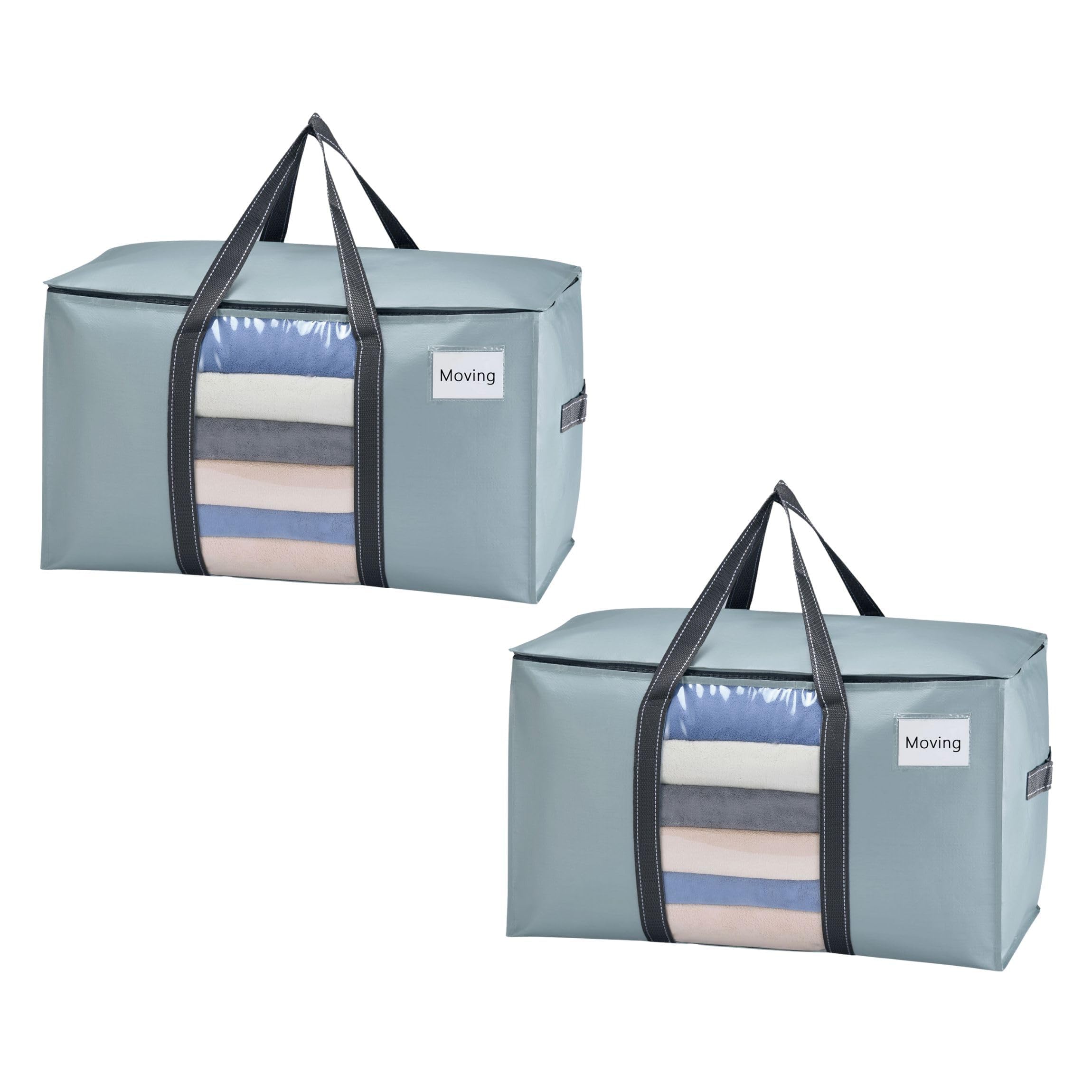VENO Moving Bags Extra Large Heavy Duty Ornament Organizer Storage Bags with Zippers & Carrying Handles, College Dorm Packing Supplies Storage Box Tote Bags with Window (Light Blue 2 Pack)