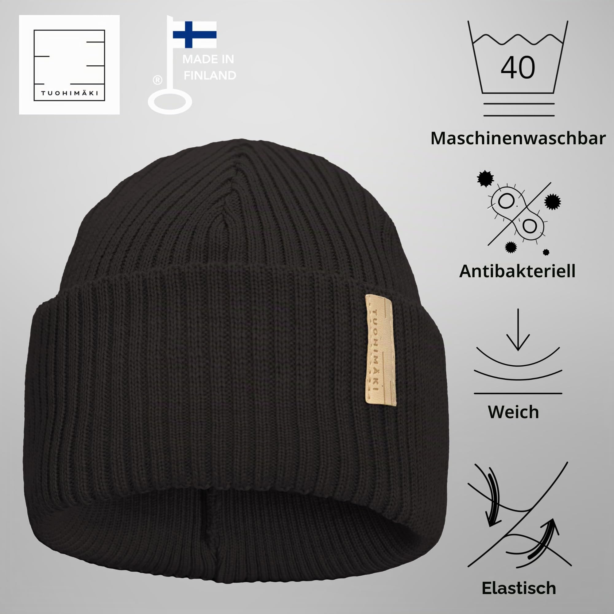 Fisherman Beanie für Herren und Damen, Merino Mütze aus 100% Merinowolle, Fischermütze Docker Mütze eng anliegend, temperaturregulierend, Made in Finland, Farben Schwarz, Rot, Beige