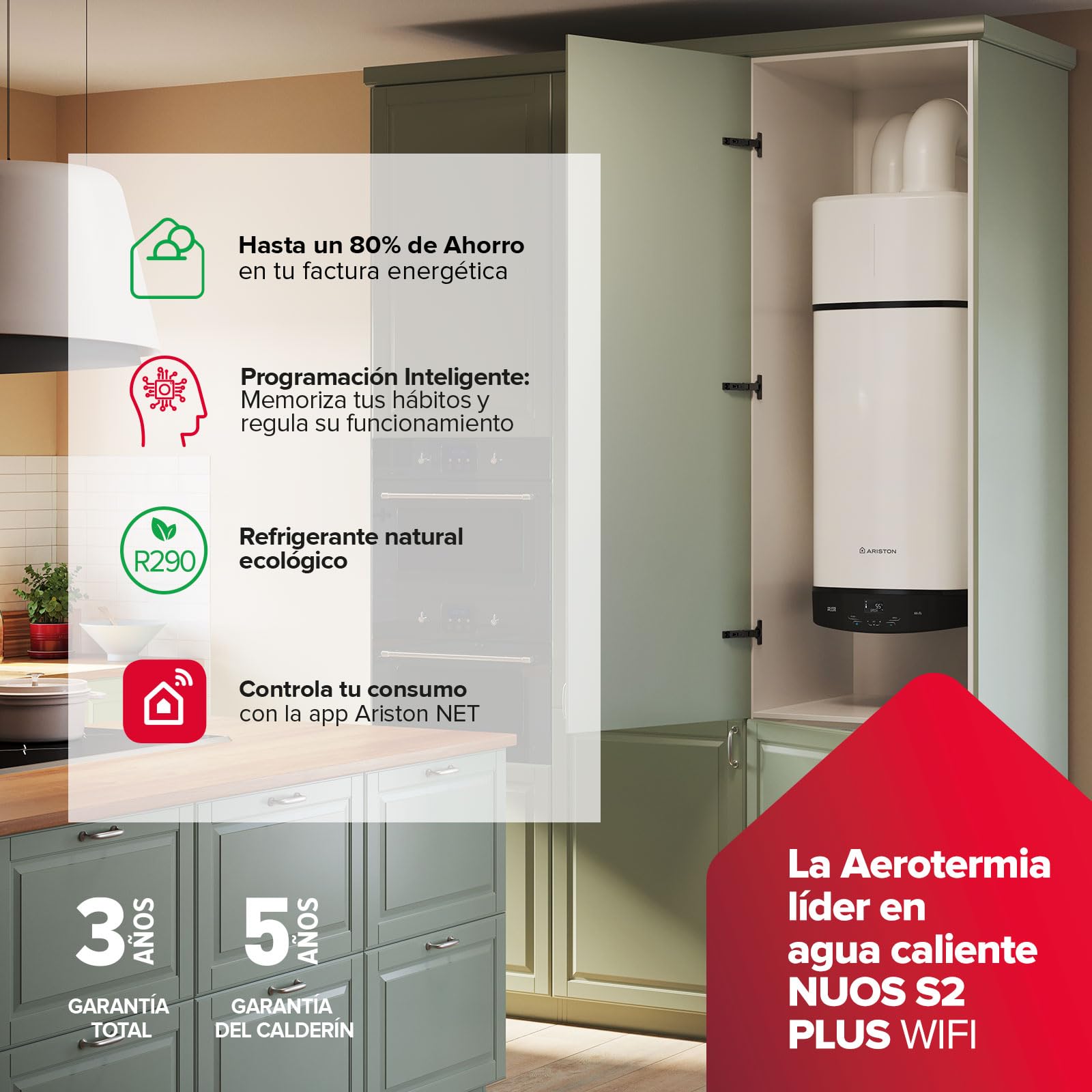 Ariston Nuos Plus S2 Wifi - Termo 80 Litros con Bomba de Calor, Calentador de Agua Bajo Consumo, Control con App, Compatible con Alexa, Clase A+ (A+/F) - Servicio Post-Venta solo Disponible en España
