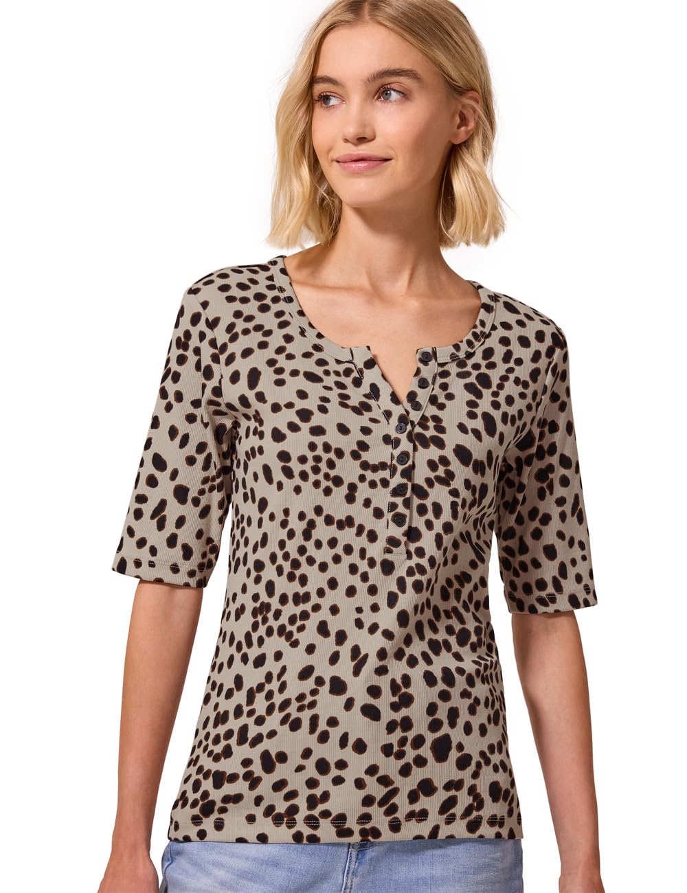 Street One Studio T-Shirt with Split Neck and Leo Pattern Black 42