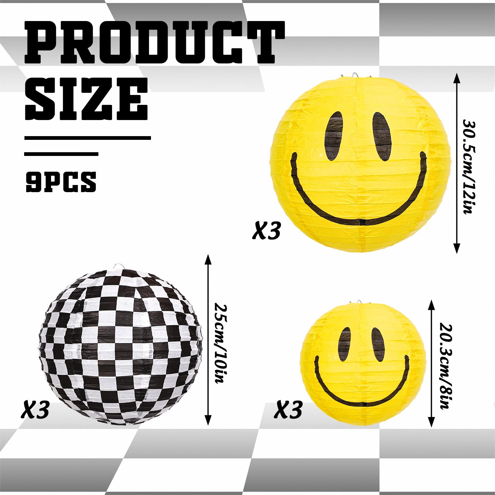 JarThenaAMCS 9Pcs One Happy Dude Paper Lanterns Yellow Smile Face and Checkered Round Hanging Lanterns for First Birthday Wedding Baby Shower Party Supplies, 3 Sizes