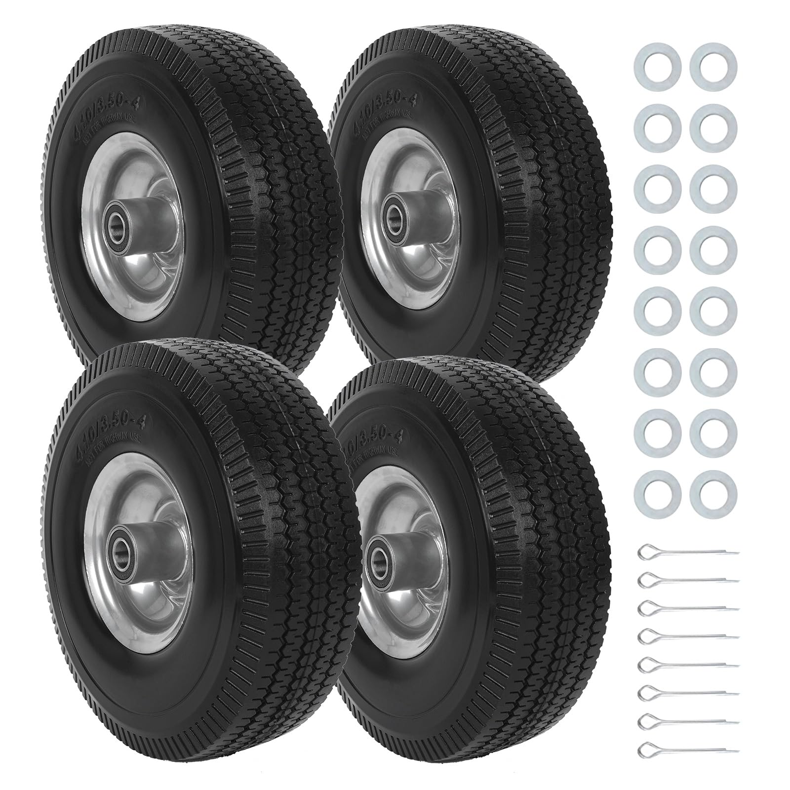 Photo 1 of 4 Pcs 10" Solid Flat Free Tires and Wheels, 4.10/3.50-4 Rubber Tire Replacement with Axle Bore Hole & Hub, Airless Wheel for Hand Truck/Trolley/Garden Cart/Wheelbarrow, Tortuous Pattern