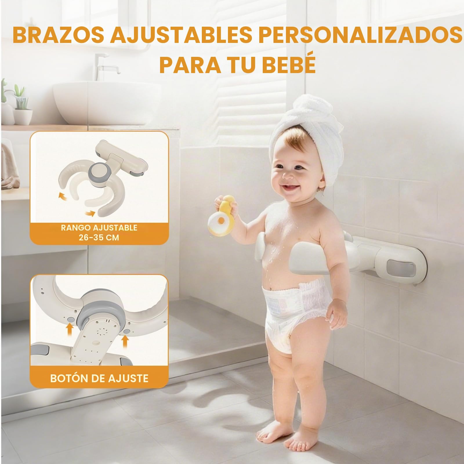 Soporte Ducha Bebé | Altura Reg. 26-35cm | Antideslizante Asa Seguridad | Plegable sin Instalación | BPA-Free 6-36 Meses