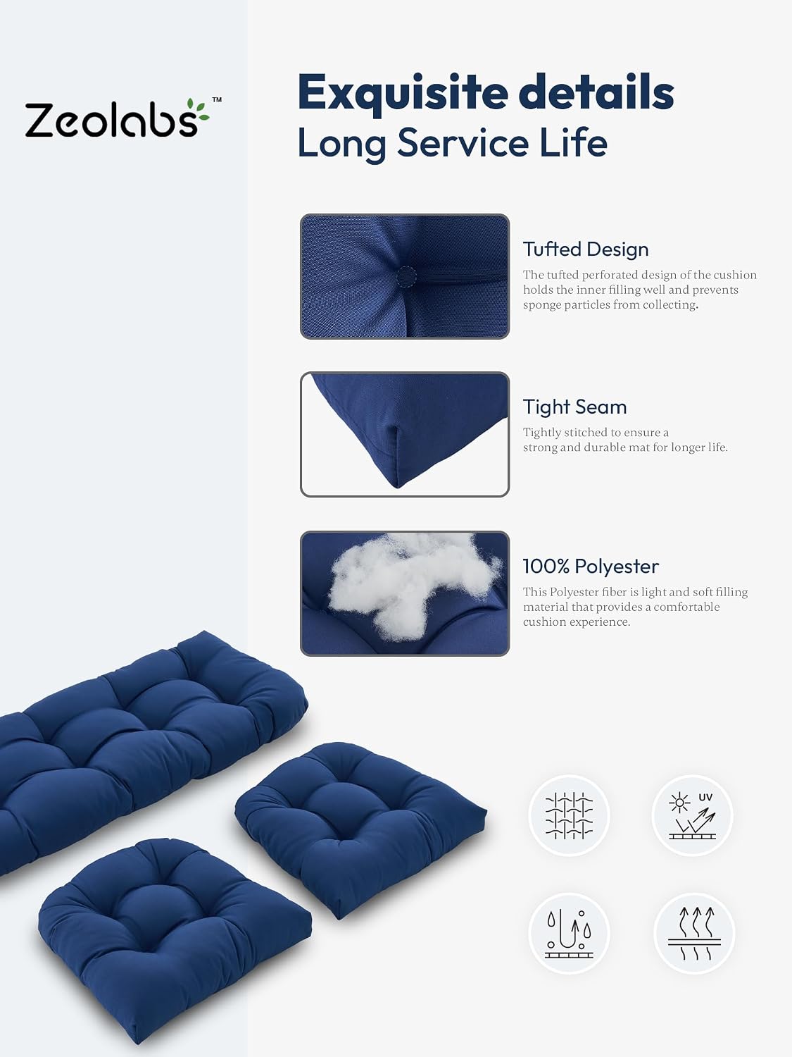 Wicker Chair Cushions of 3 Pieces Waterproof Tufted Outdoor Seat Cushions for Patio Furniture Sofa Settee Couch,1 Loveseat and 2 U-Shaped Cushions,Navy Blue