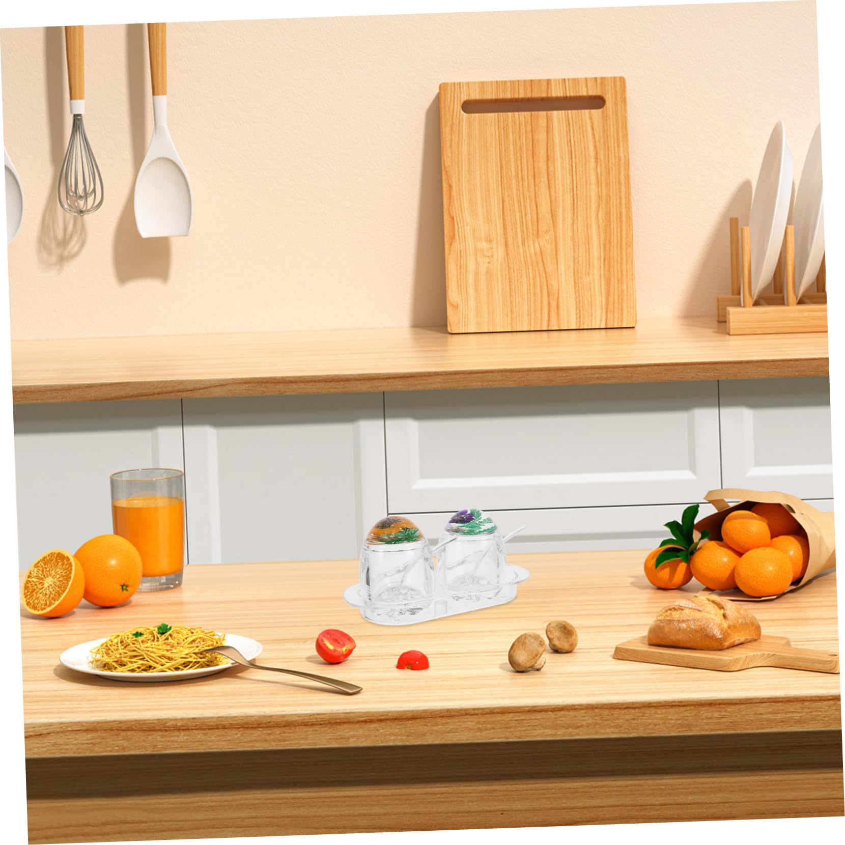 Boîte à Épices Transparente Couvercle Floral et Cuillère, Pot à Condiments en Acrylique, Lot de 2 Set, Accessoire Multifonction Cuisine, Rangement Compact et Décoratif