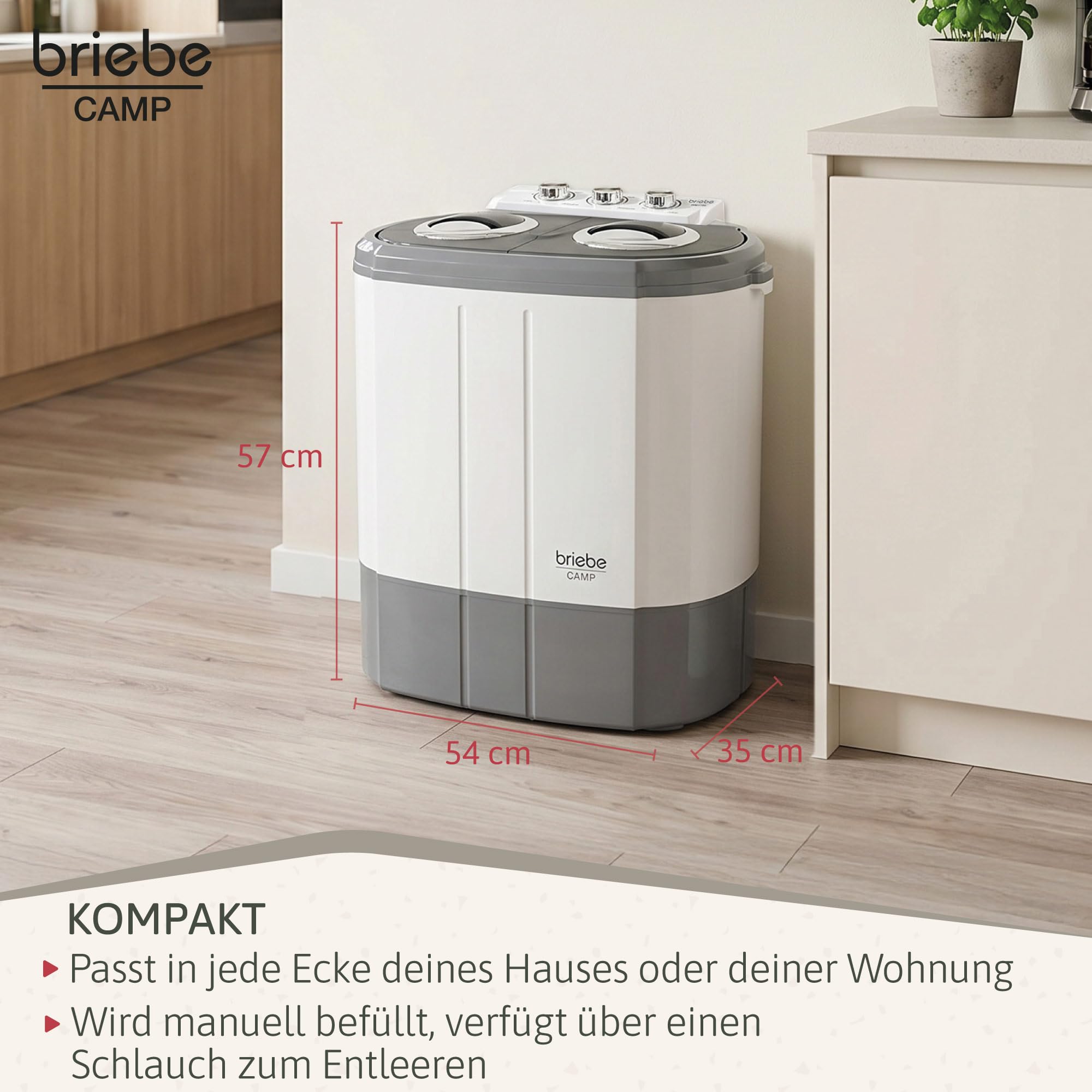 briebe Camp Mini-Waschmaschine, Tragbar, mit Schleuder, Camping, Kapazität 3 kg, Ideal für Reisen, Wohnwagen, Wohnmobile, Kleine mit 2 Fächern, Geringer Wasser- und Energieverbrauch, Grau/Weiß