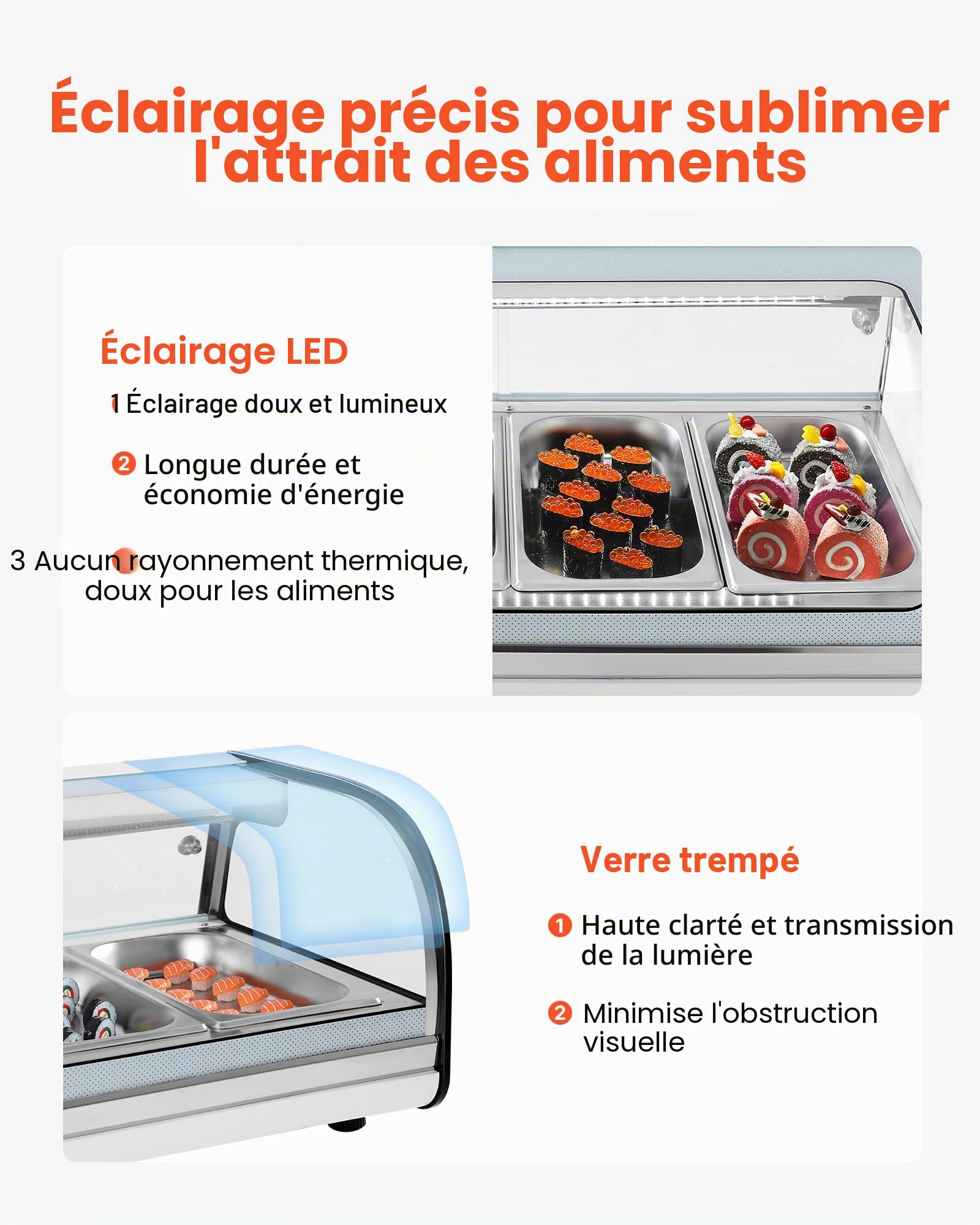 VEVOR Vitrine Réfrigérée à Sushis 72 L, Présentoir Réfrigéré de Comptoir, avec 7 Bacs, Verre Bombé, Éclairage LED et Contrôle Numérique de la Température, pour Bar à Sushis, Restaurant, Magasin