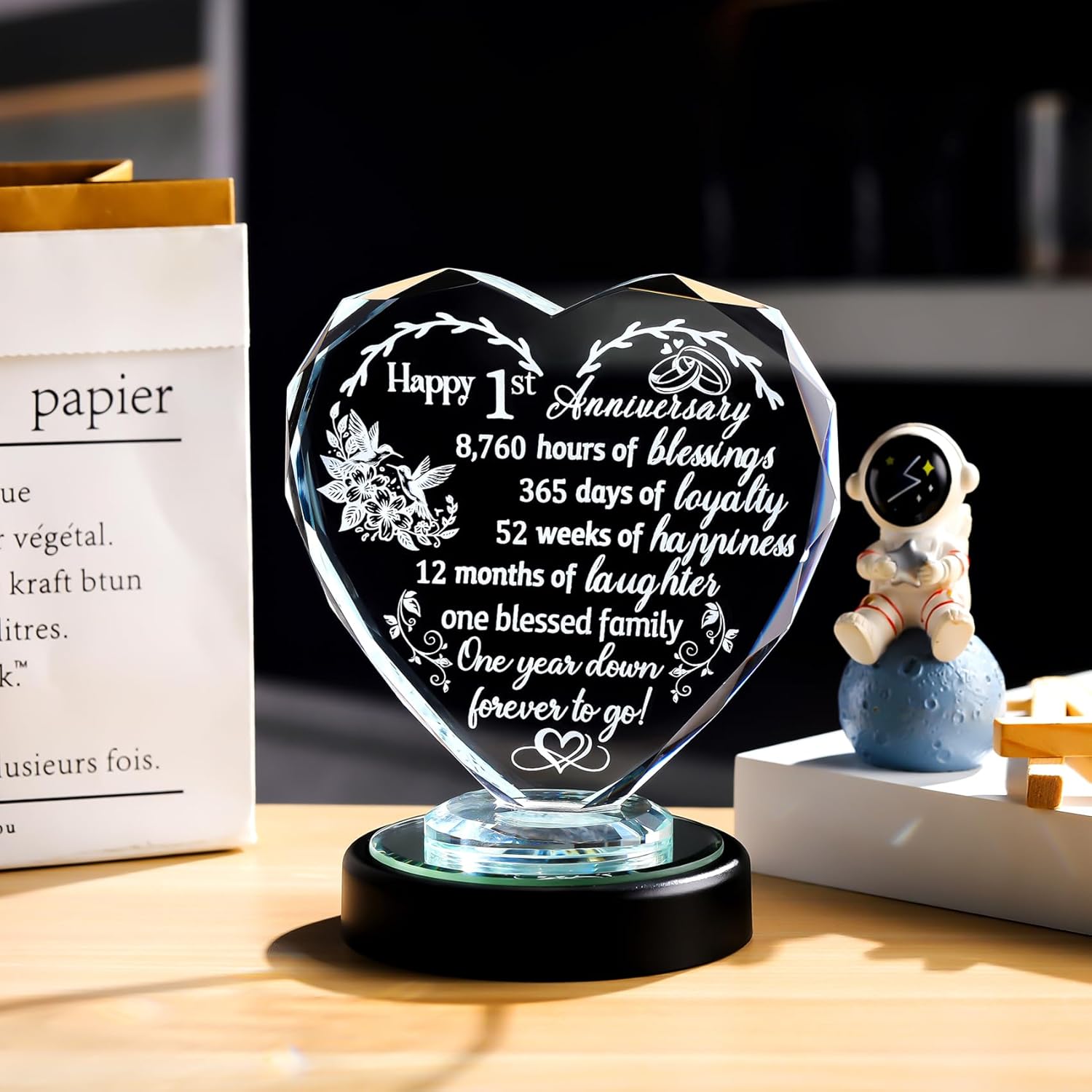 1st Anniversary Romantic Gifts for Girlfriend Couple, Crystal Heart Plaque with Multicolor LED Light Base, 1 Year Anniversary Wedding Gift for Him Boyfriend