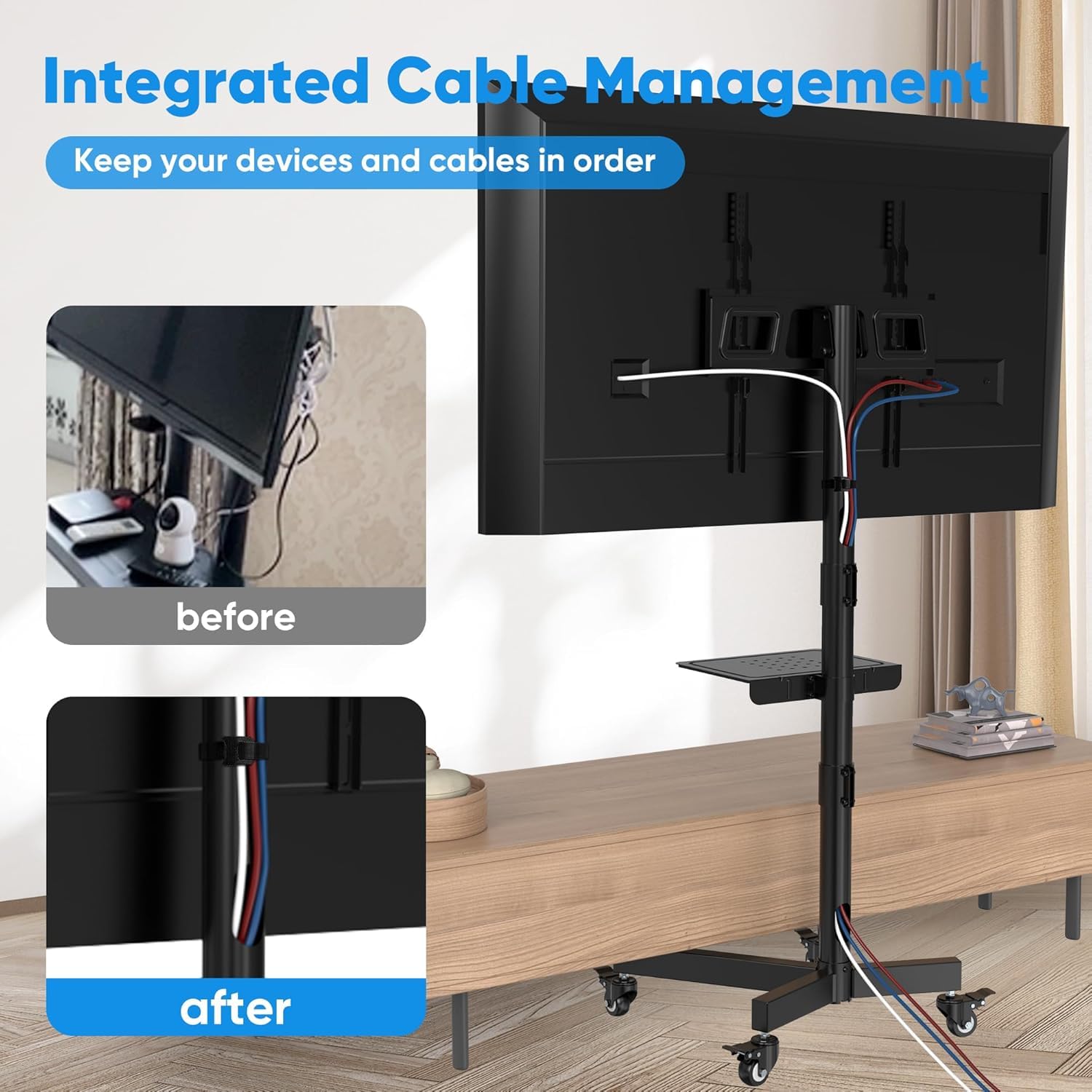 FORGING MOUNT Mobiele tv-standaard op wielen voor 23-60 inch tv's, kantelhoogte verstelbare rollende tv-trolley, geschikt voor maximaal 40 kg, draagbare vloerstandaard Max VESA 400 x 400 mm