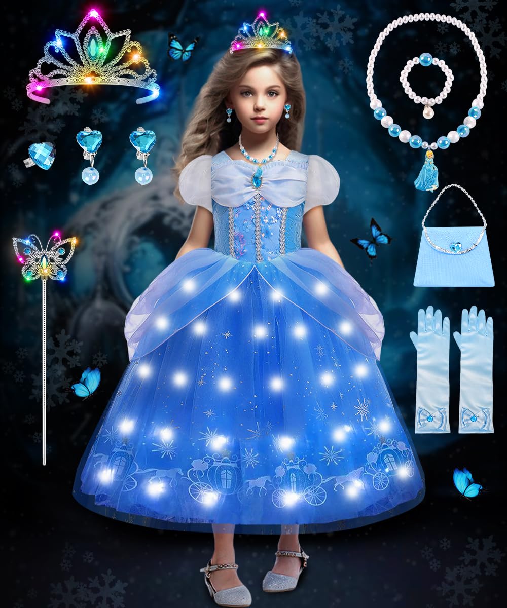 COYBTO Disfraz Princesa Luminosa Niña, Disfraz Cenicienta Bella y Bestia Rapunzel Niña con Luces Corona Princesa Brillante, Vestido Princesa Niña, Disfraz de Princesa para Fiesta Cosplay