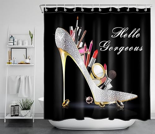 Miniatura 2 de EOBTAIN Cortina de ducha de tacón alto con diamantes de maquillaje Hello Gorgeous Lipstick Bling Fashion Shoes Sexy Girls Fancy Beautiful Lady