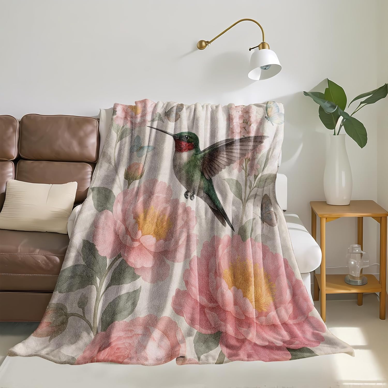 Floral Hummingbird Throw Blanket, Warm Flannel Blankets Garden with Flower Butterfly and Leaf, Vintage Nature Decor and Gifts, Soft Cozy Throws, 50"X60" for Bedroom Couch Travel Office