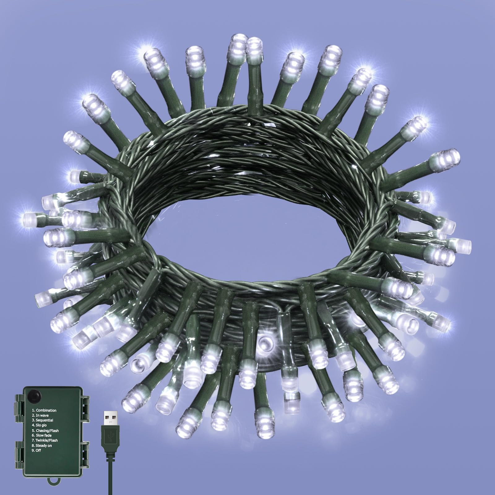 Isisyu Fairy Lights 6M 60LED Fairy String Lights USB or Battery Operated with Timer, 8 Modes, Waterproof Green Wire Cold White Christmas Lights for Indoor Outdoor Bedroom Wedding Birthday Wreath Xmas