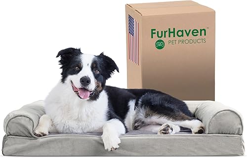 Furhaven Cama para perro, espuma de gel refrescante, de pelo sintético y terciopelo, estilo sofá, color gris humo, talla L