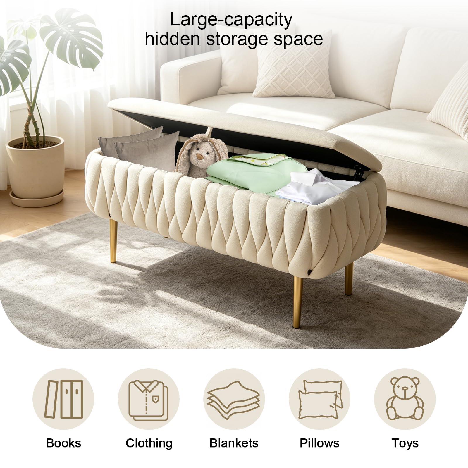 Banco Acolchado con Almacenaje, Banco Recibidor Entrada con Patas de Metal Doradas, Soporta 300 kg, Baul Pie de Cama Dormitorio para Sala, Dormitorio y Entrada 105 x 44 x 44 cm (Beige)